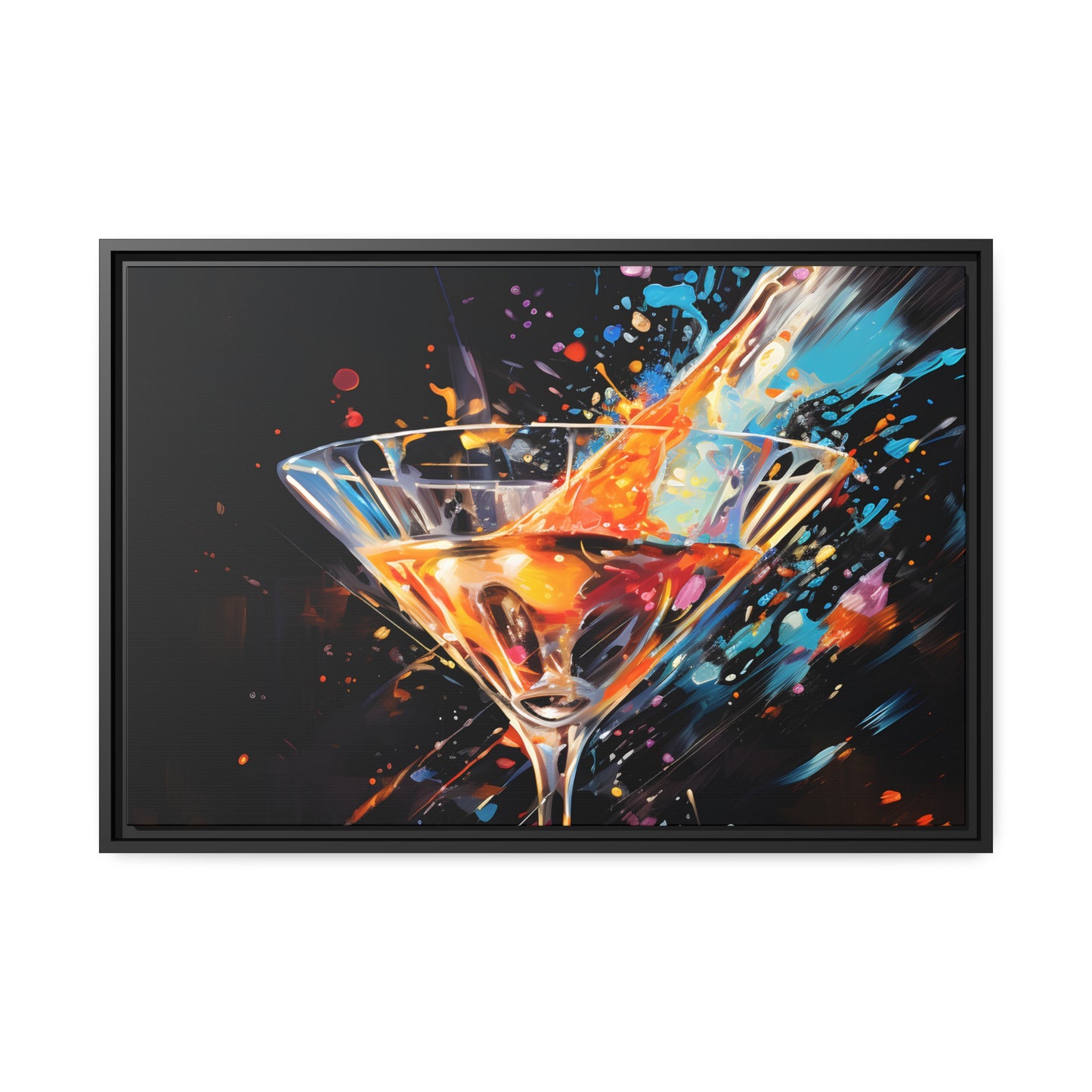 Framed Canvas artwork Bar/Night Life Art Bright Vibrant Neon Splashes Surrounding A Martini Glass Full Of Alcohol On Black Background Framed Canvas Painting Alcohol Art Close Up