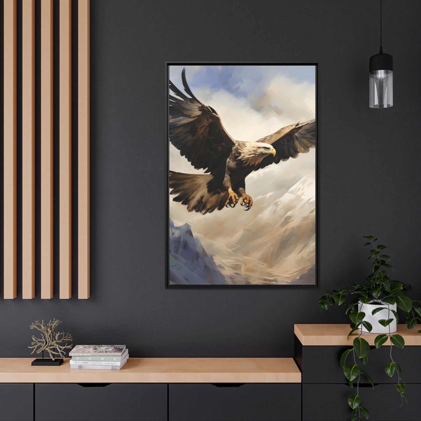 Framed Canvas Artwork Strong Soaring Bald Eagle Snowy Mountains Detailed Painting