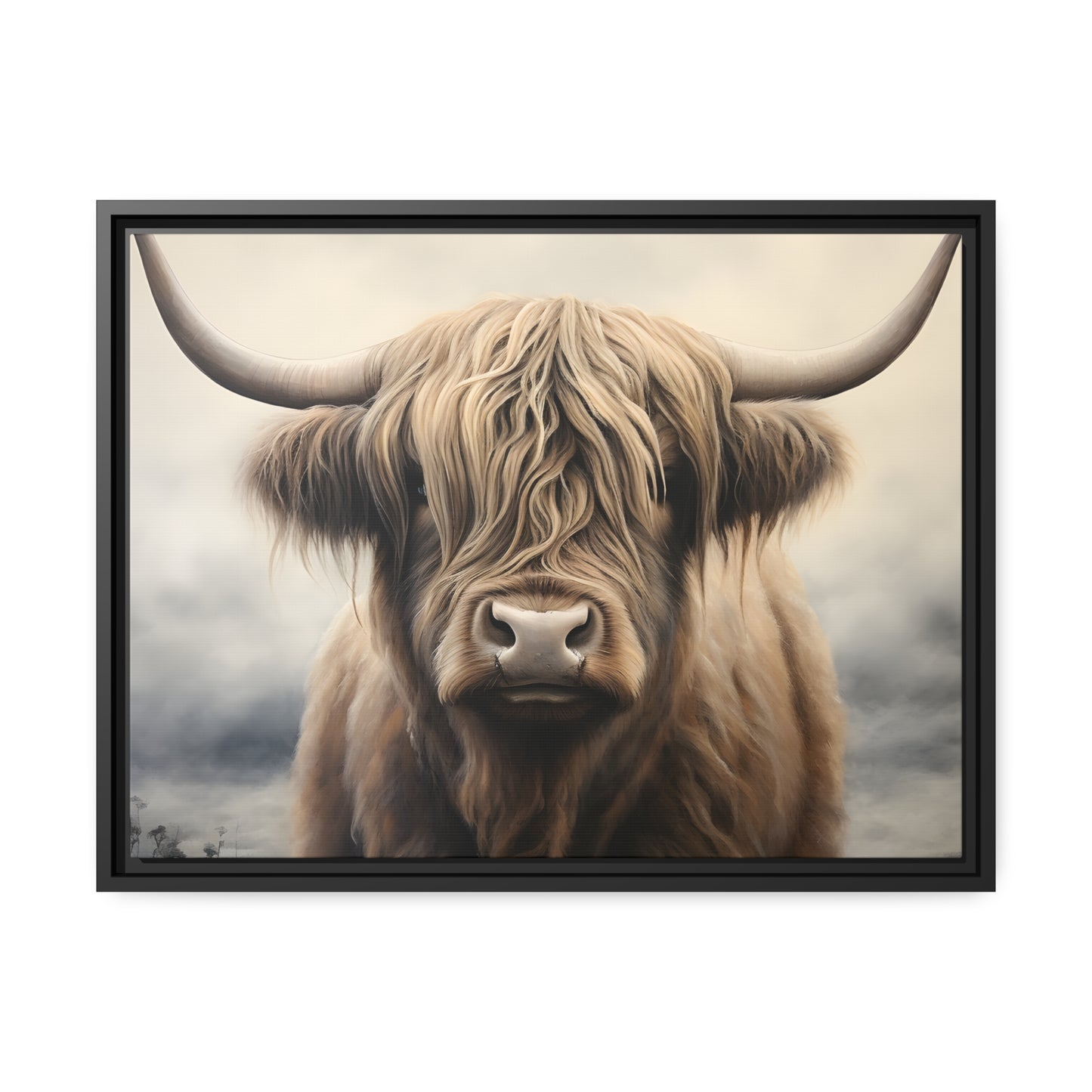 Framed Canvas Artwork Strong Stunning Highlander Bull Sunlit Staring Into The Viewer Captivating Painting Style