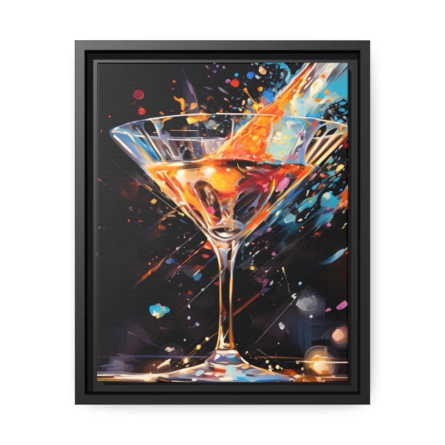 Framed Canvas artwork Bar/Night Life Art Bright Vibrant Neon Splashes Surrounding A Martini Glass Full Of Alcohol On Black Background Framed Canvas Painting Alcohol Art Close Up