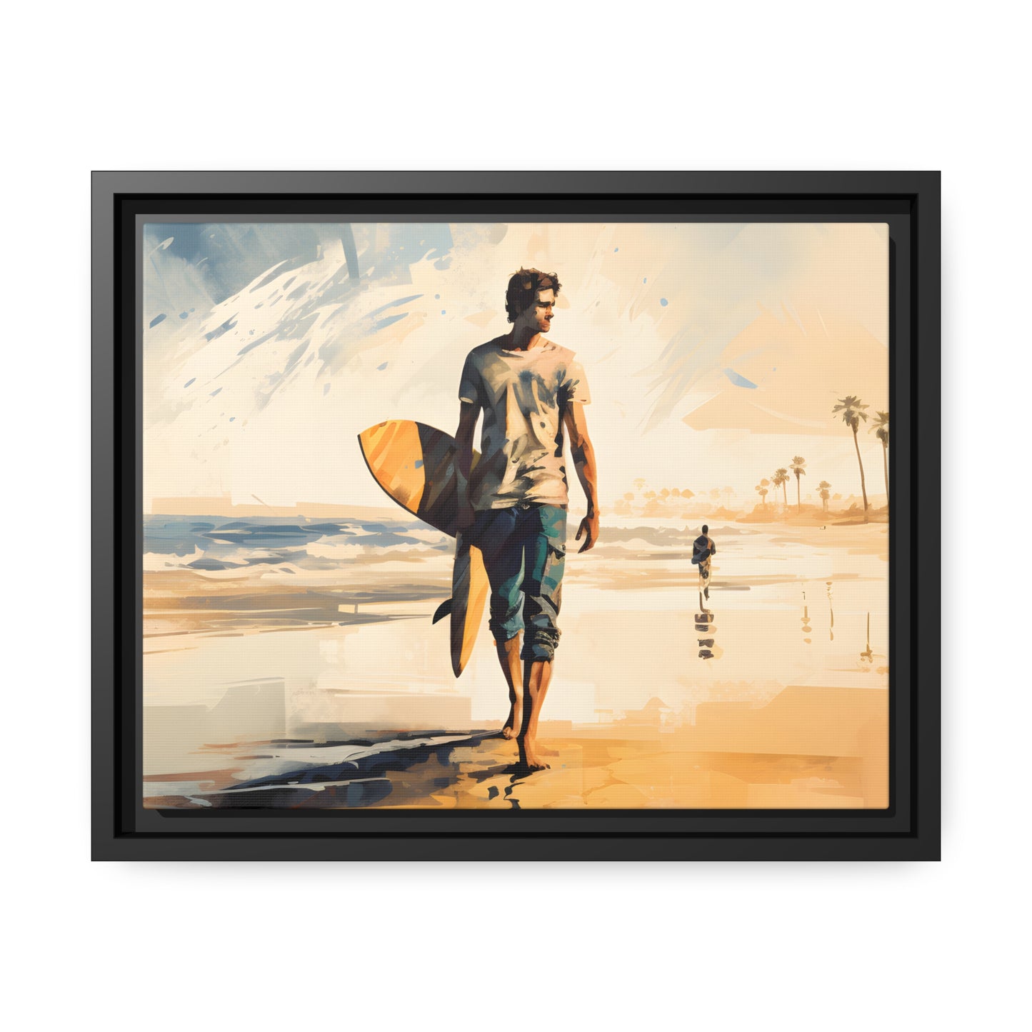 Framed Lifestyle/Ocean Side Artwork Stunning Watercolor Style Framed Painting Waves Surfer Surfing