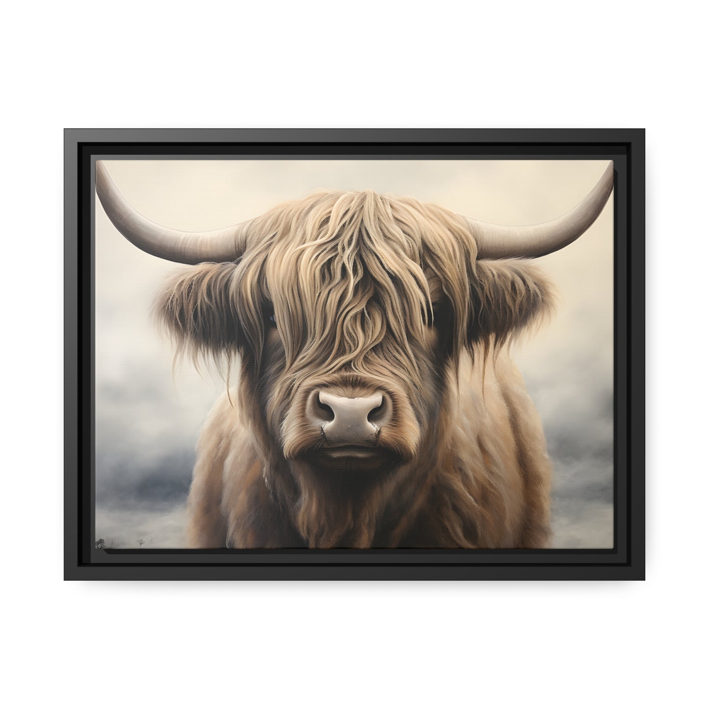 Framed Canvas Artwork Strong Stunning Highlander Bull Sunlit Staring Into The Viewer Captivating Painting Style
