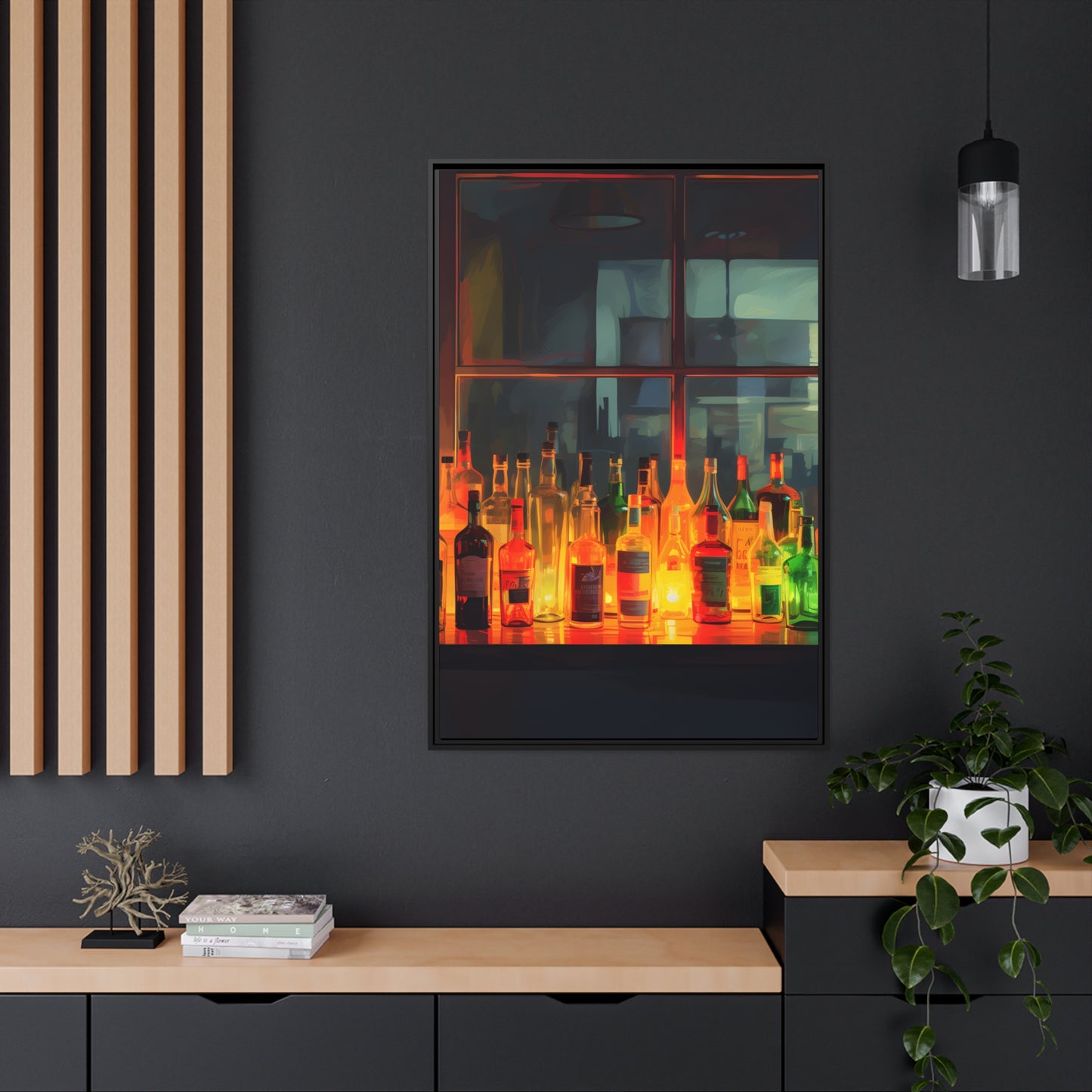 Framed Canvas Artwork Alcohol Bar Night Life Vibrant Colorful Well Lit Bar With Alcohol Bottles Lined UpParty Drinking Lifestyle Floating Frame Canvas