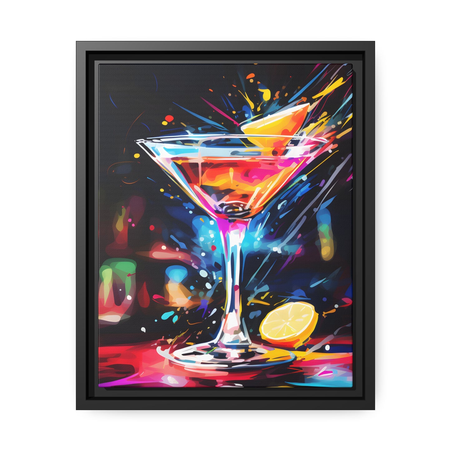 Framed Canvas artwork Bar/Night Life Art Bright Neon Splashes Surrounding A Martini Glass Full Of Alcohol Framed Canvas Painting Alcohol Art Iced Drink Close Up