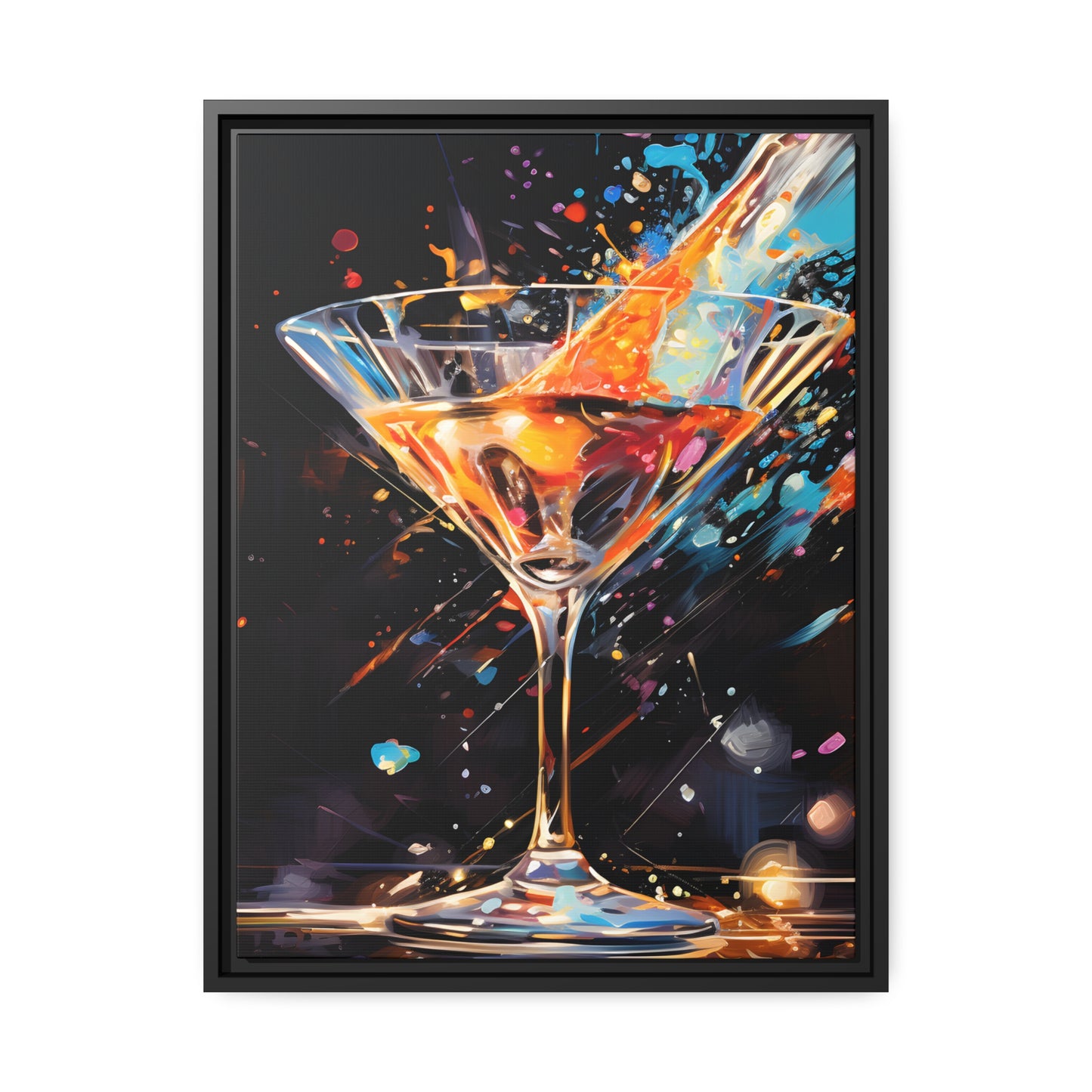 Framed Canvas artwork Bar/Night Life Art Bright Vibrant Neon Splashes Surrounding A Martini Glass Full Of Alcohol On Black Background Framed Canvas Painting Alcohol Art Close Up
