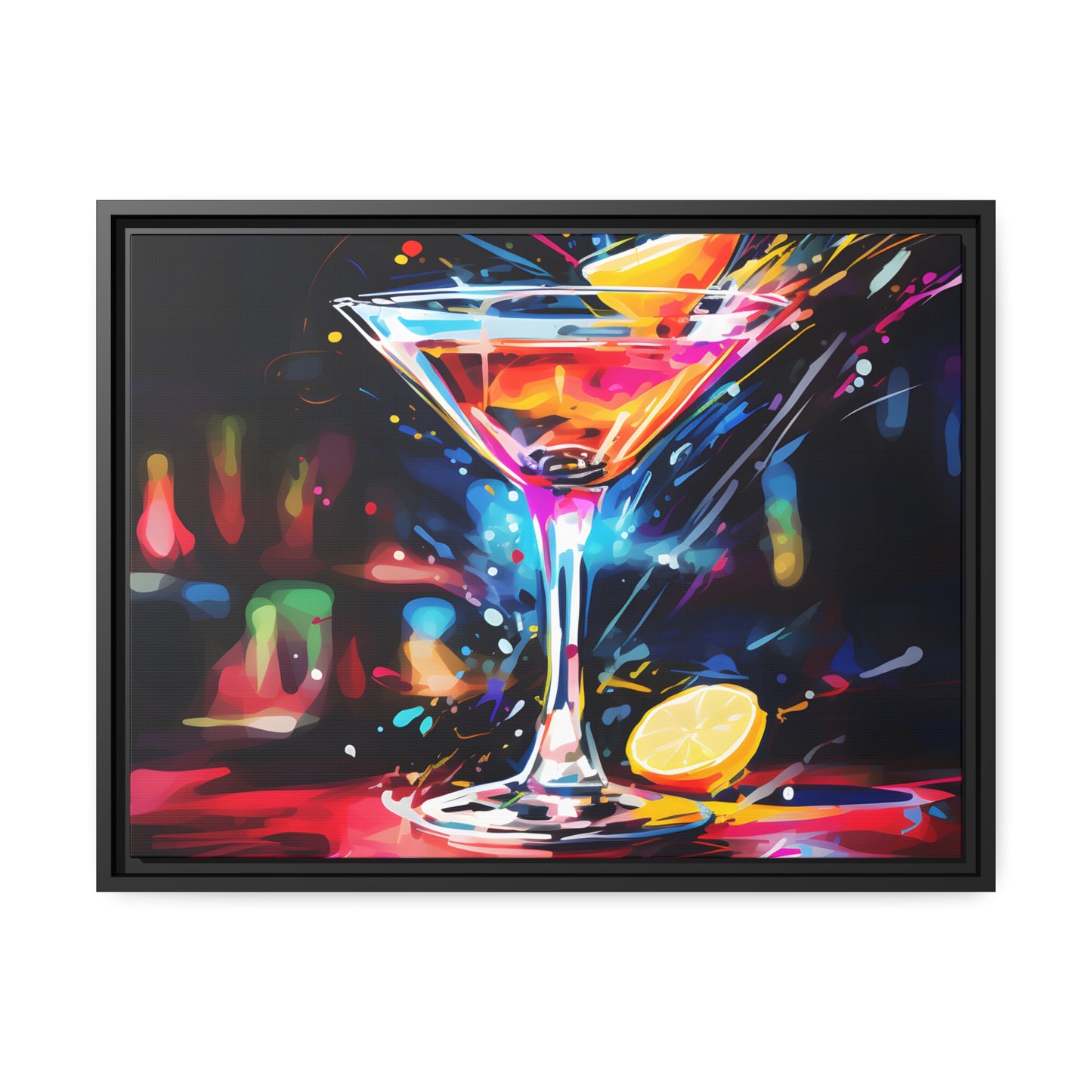 Framed Canvas artwork Bar/Night Life Art Bright Neon Splashes Surrounding A Martini Glass Full Of Alcohol Framed Canvas Painting Alcohol Art Iced Drink Close Up