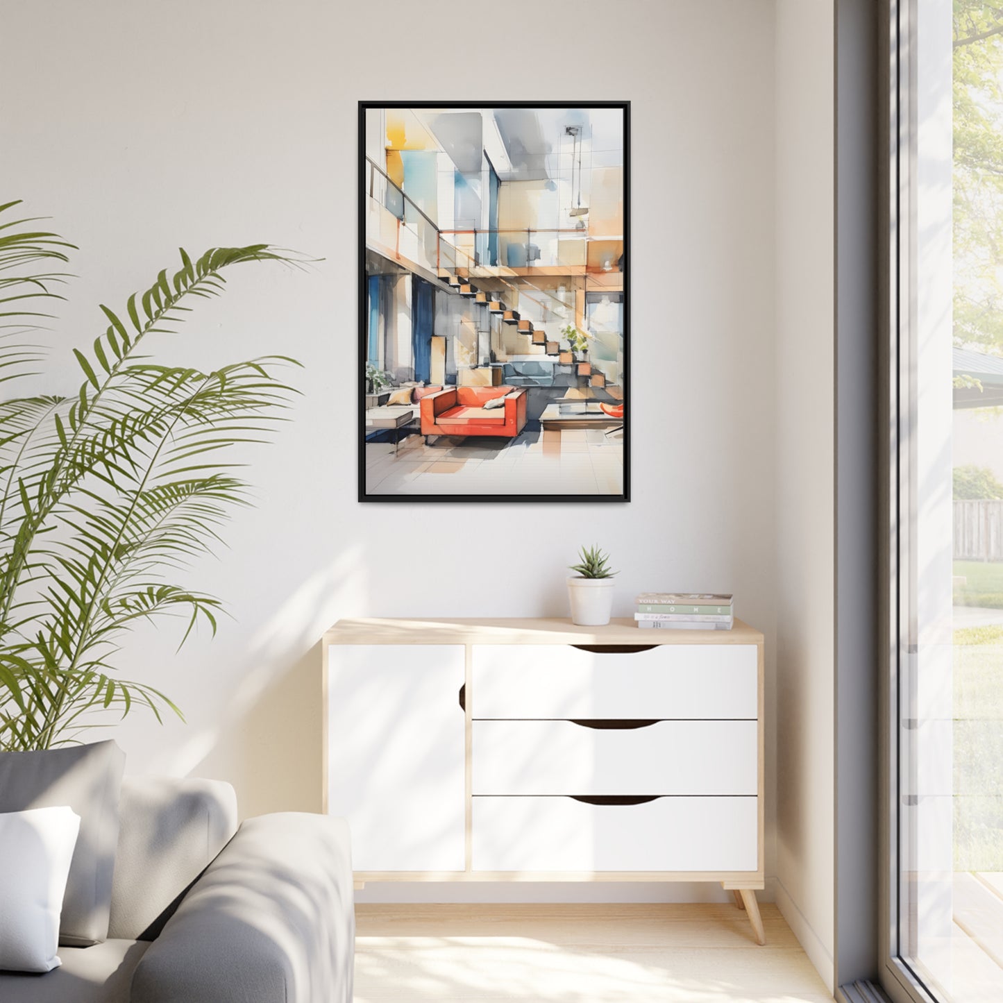 Framed Canvas Artwork Water Color Style Home Decor Red Loounge Lifestyle Floating Frame Canvas