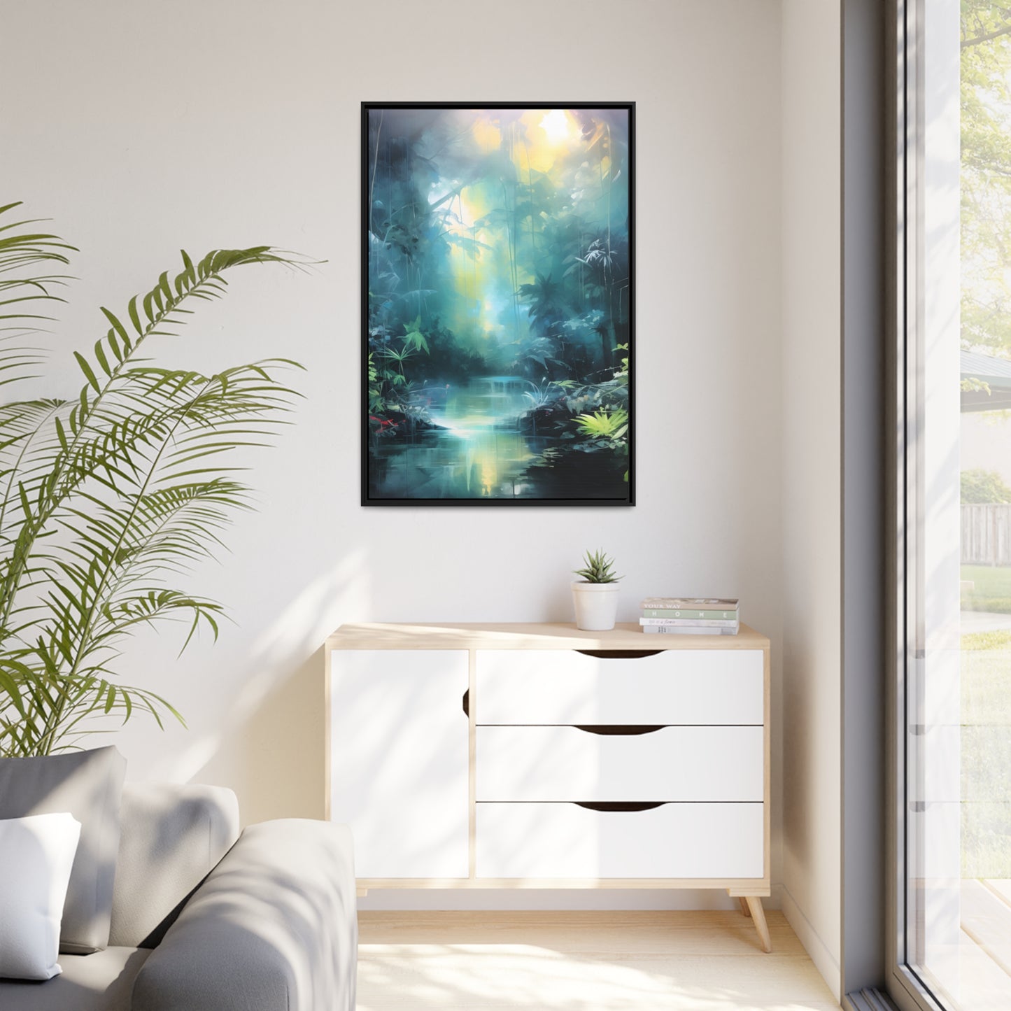 Framed Canvas Abstract Artwork Dense Misty Jungle And Stream Of Water Oil Painting Style Abstract Art Natural Conversation Starter Framed Canvas Nature