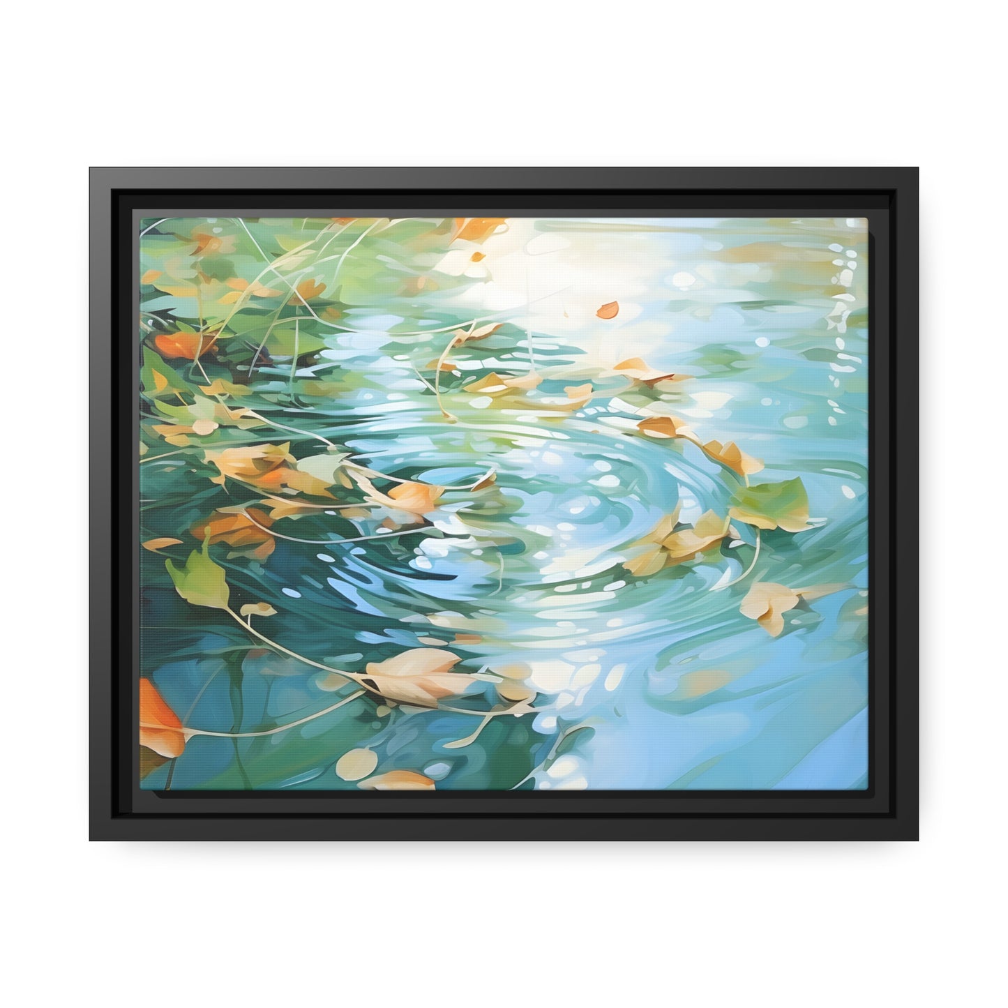 Green Reflective Pond Brown Leafy Windy Weather Framed Canvas Floating Canvas Abstract Art