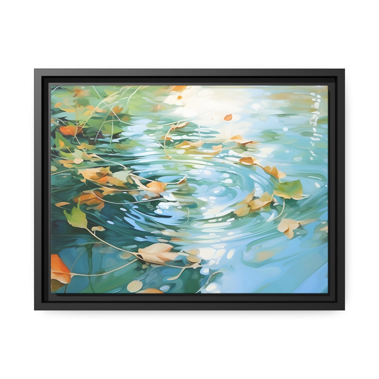 Green Reflective Pond Brown Leafy Windy Weather Framed Canvas Floating Canvas Abstract Art