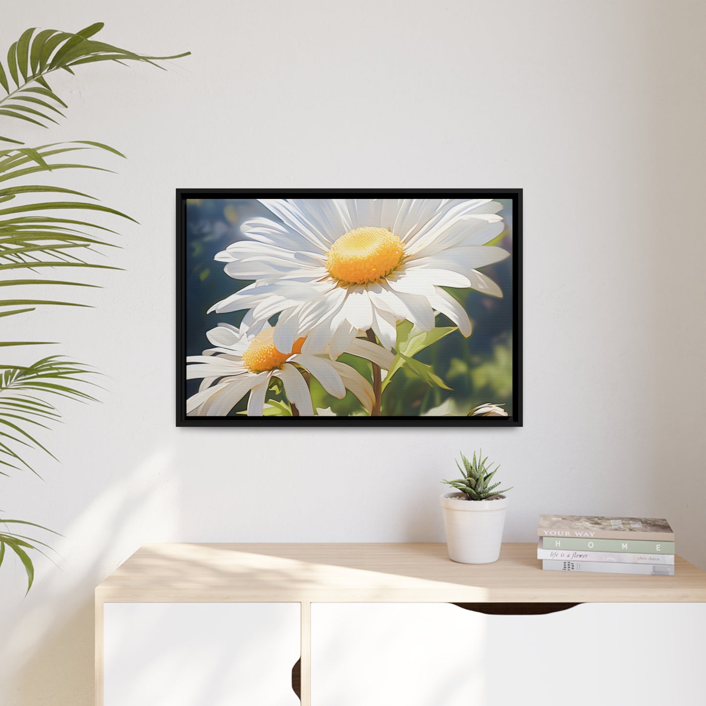 Framed Canvas Nature Inspired Artwork Stunning Sunlit Daisy Blooming Oil Painting Style