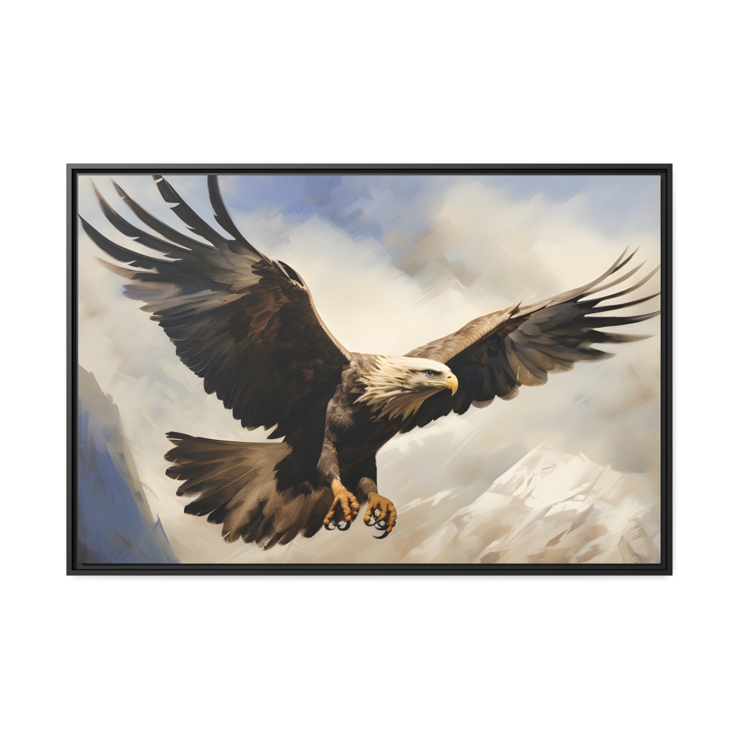 Framed Canvas Artwork Strong Soaring Bald Eagle Snowy Mountains Detailed Painting