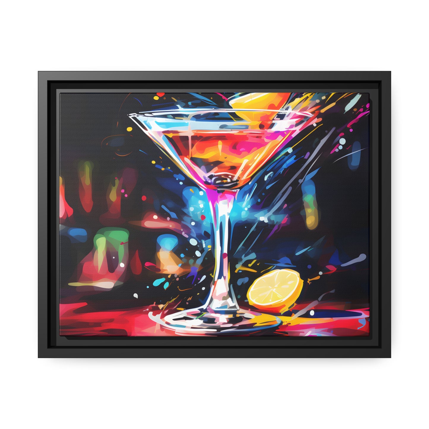 Framed Canvas artwork Bar/Night Life Art Bright Neon Splashes Surrounding A Martini Glass Full Of Alcohol Framed Canvas Painting Alcohol Art Iced Drink Close Up