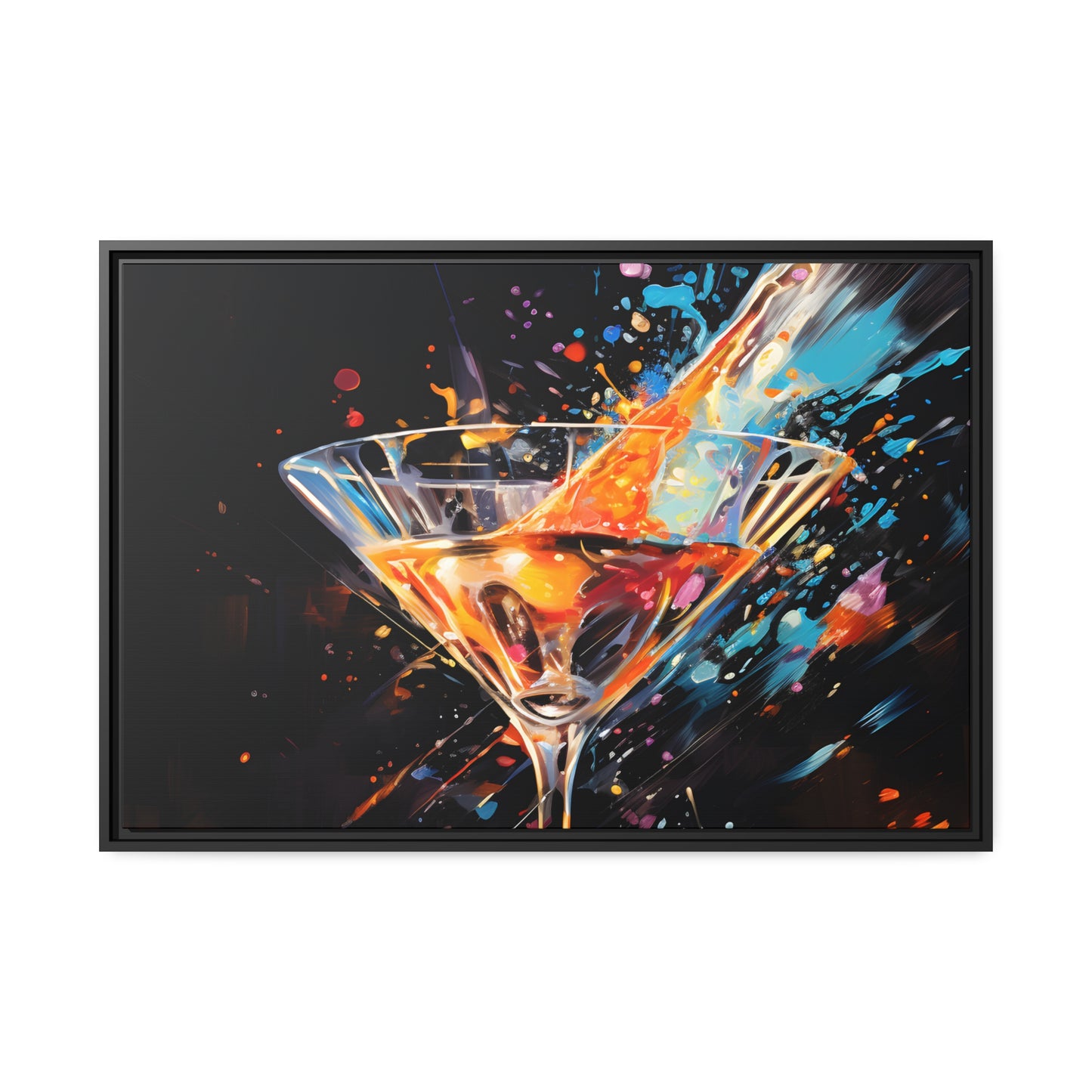 Framed Canvas artwork Bar/Night Life Art Bright Vibrant Neon Splashes Surrounding A Martini Glass Full Of Alcohol On Black Background Framed Canvas Painting Alcohol Art Close Up