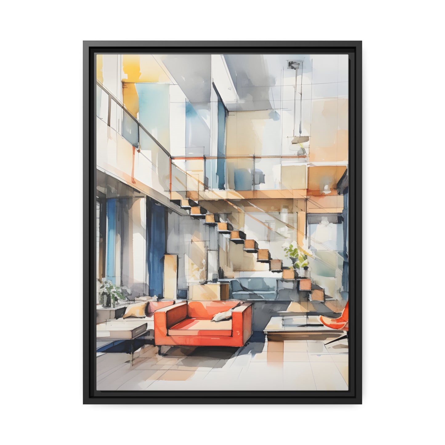 Framed Canvas Artwork Water Color Style Home Decor Red Loounge Lifestyle Floating Frame Canvas