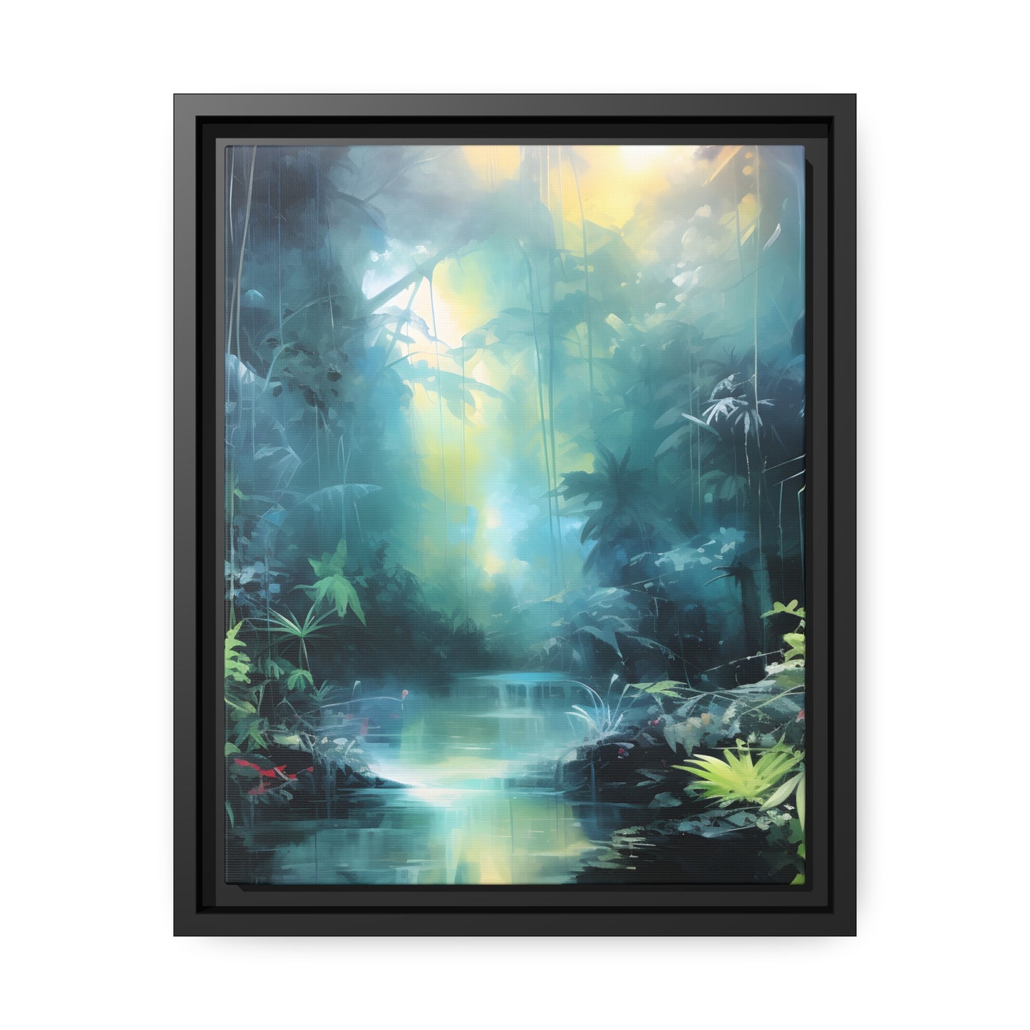 Framed Canvas Abstract Artwork Dense Misty Jungle And Stream Of Water Oil Painting Style Abstract Art Natural Conversation Starter Framed Canvas Nature