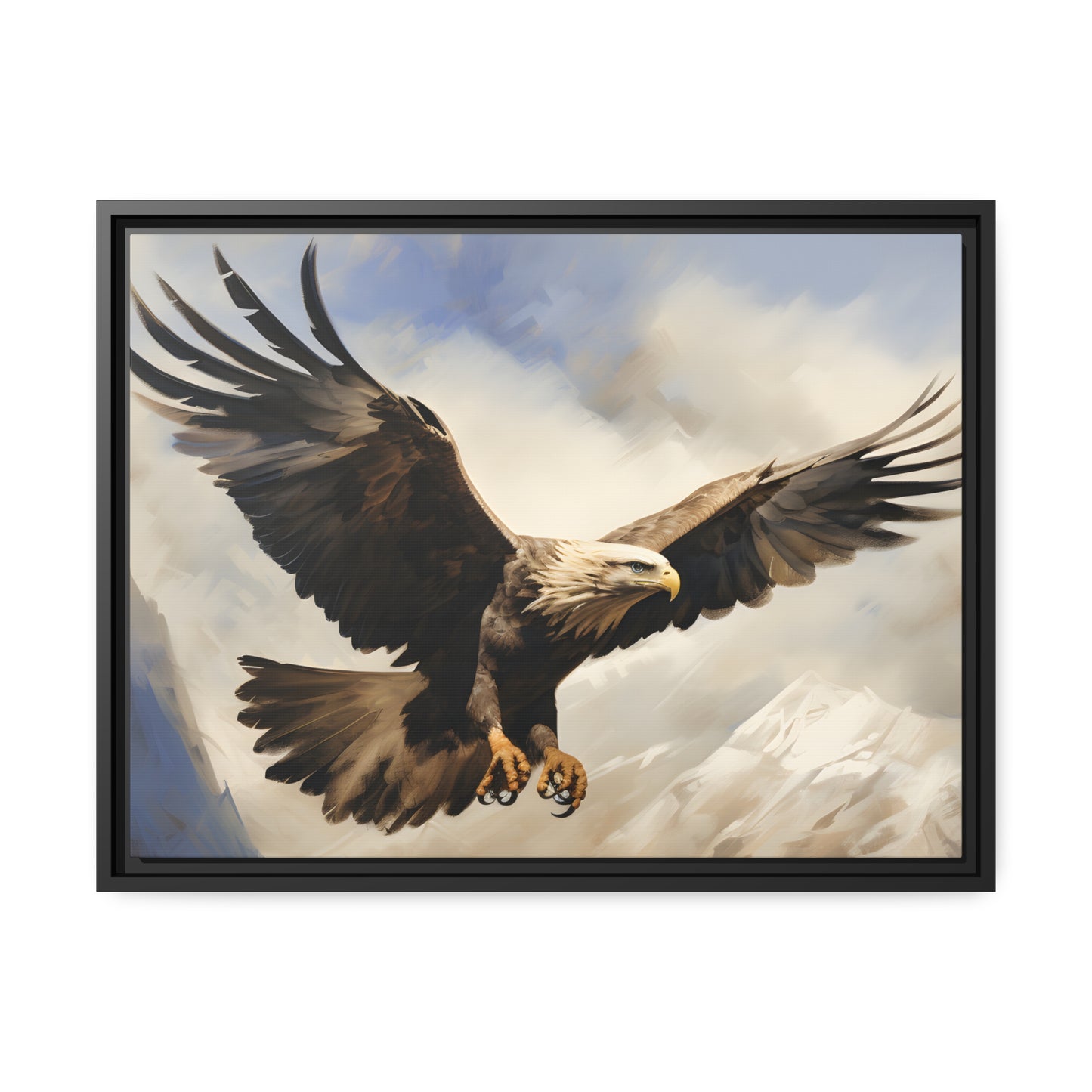 Framed Canvas Artwork Strong Soaring Bald Eagle Snowy Mountains Detailed Painting