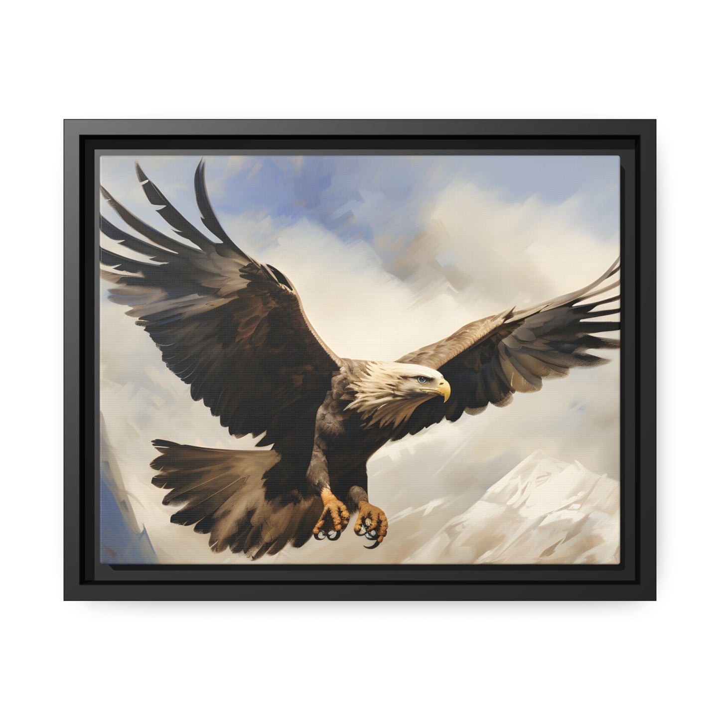 Framed Canvas Artwork Strong Soaring Bald Eagle Snowy Mountains Detailed Painting