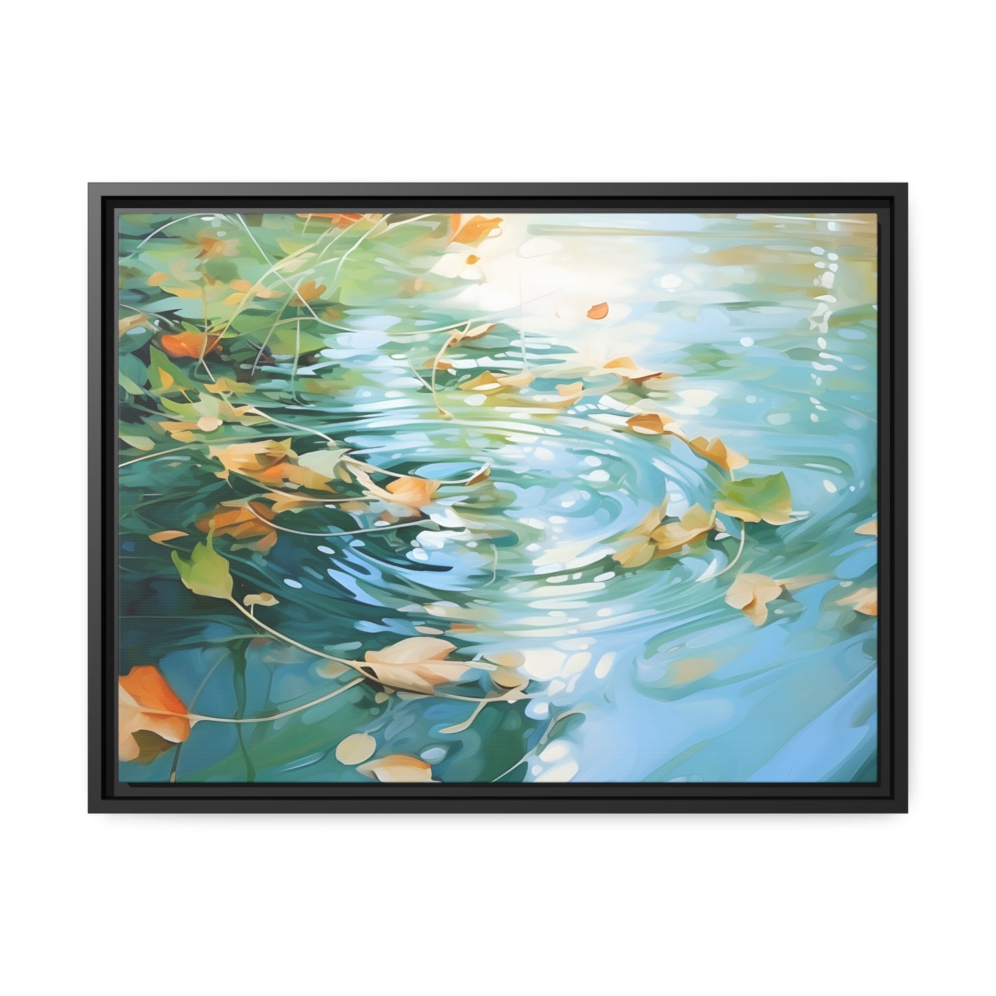 Green Reflective Pond Brown Leafy Windy Weather Framed Canvas Floating Canvas Abstract Art