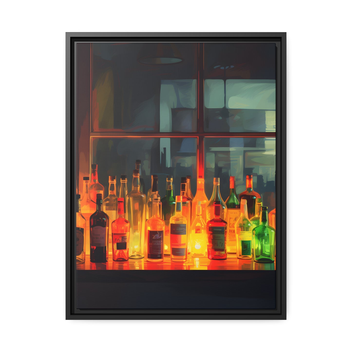 Framed Canvas Artwork Alcohol Bar Night Life Vibrant Colorful Well Lit Bar With Alcohol Bottles Lined UpParty Drinking Lifestyle Floating Frame Canvas