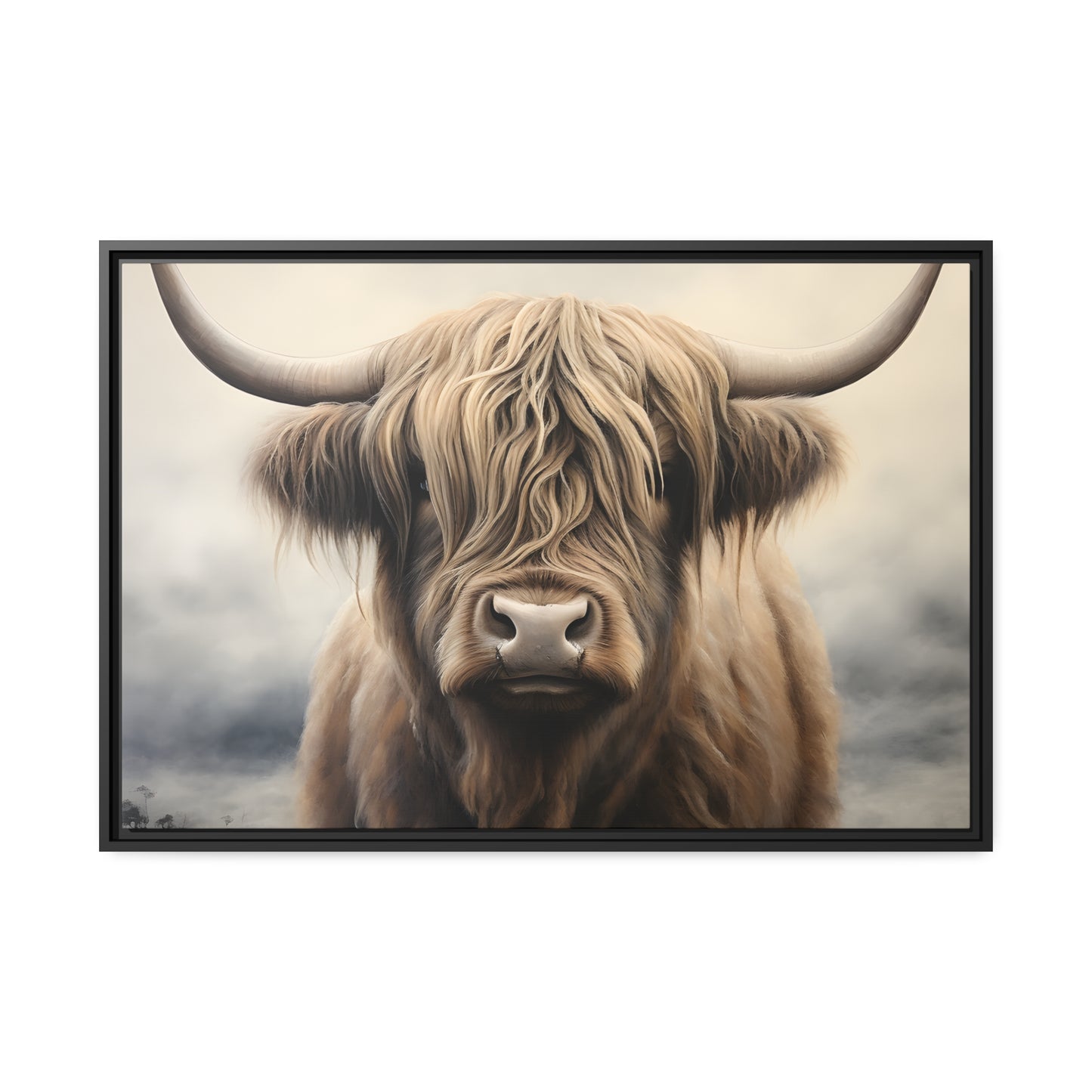Framed Canvas Artwork Strong Stunning Highlander Bull Sunlit Staring Into The Viewer Captivating Painting Style