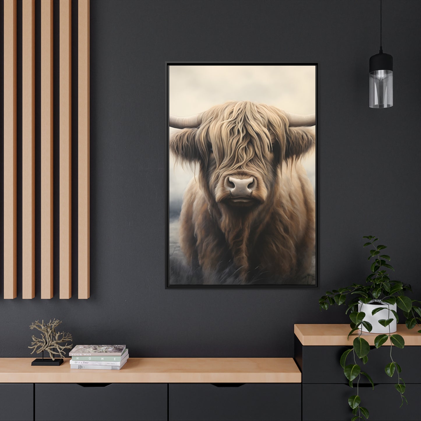 Framed Canvas Artwork Strong Stunning Highlander Bull Sunlit Staring Into The Viewer Captivating Painting Style