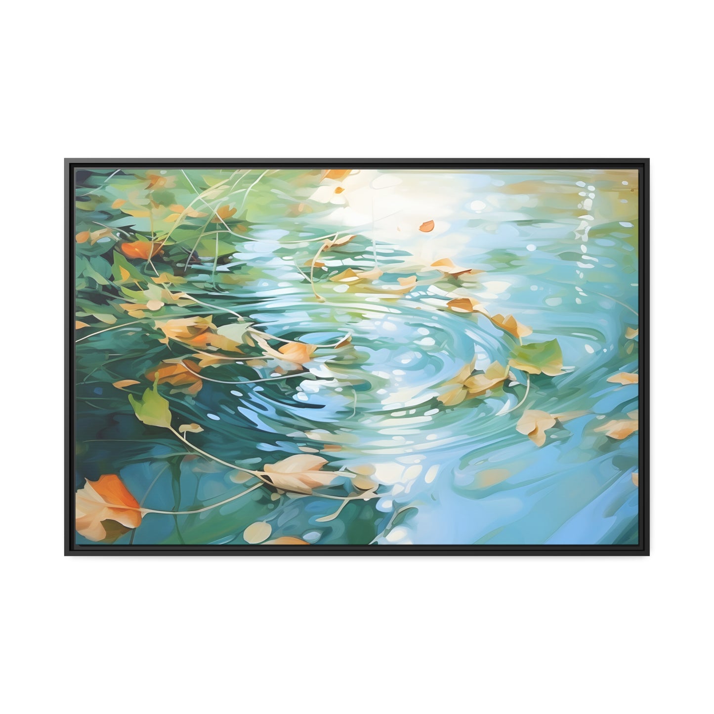 Green Reflective Pond Brown Leafy Windy Weather Framed Canvas Floating Canvas Abstract Art