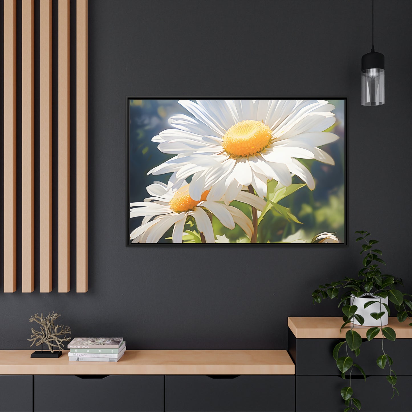 Framed Canvas Nature Inspired Artwork Stunning Sunlit Daisy Blooming Oil Painting Style