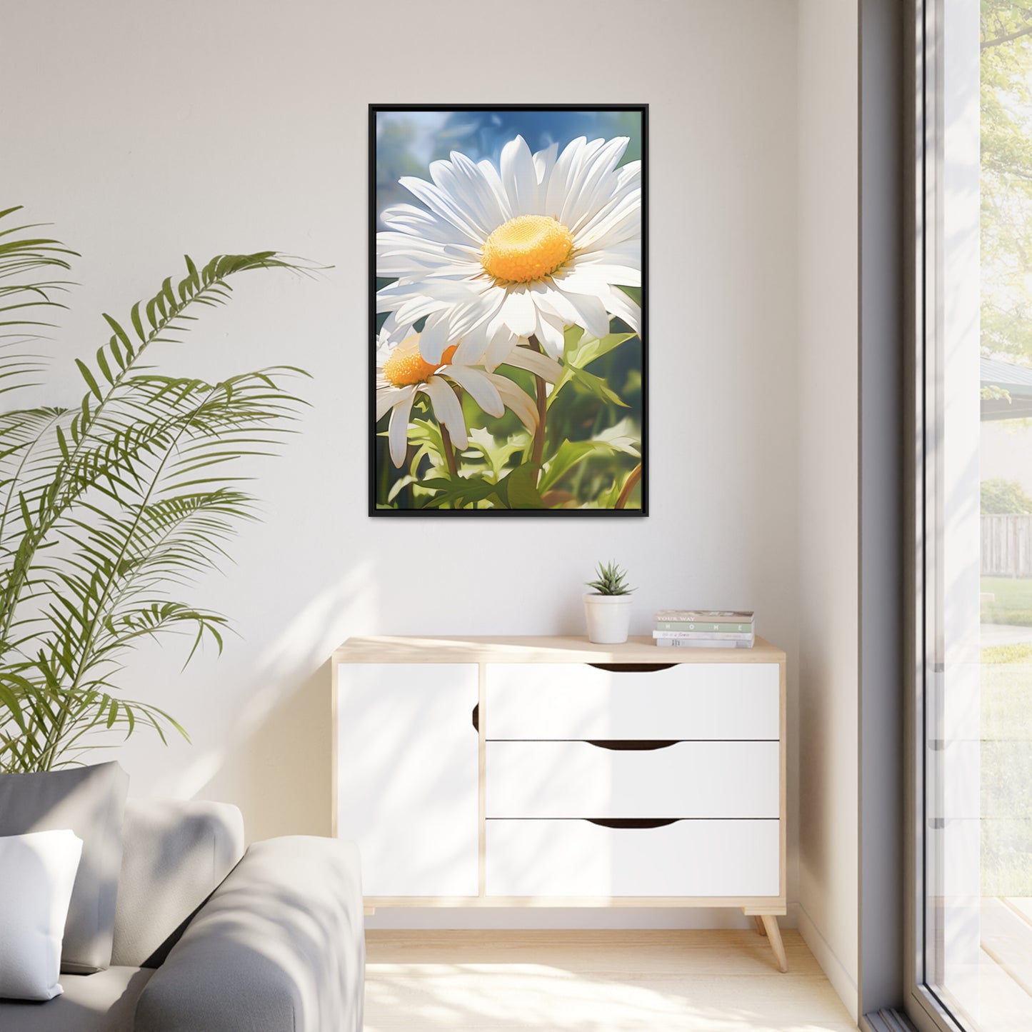 Framed Canvas Nature Inspired Artwork Stunning Sunlit Daisy Blooming Oil Painting Style