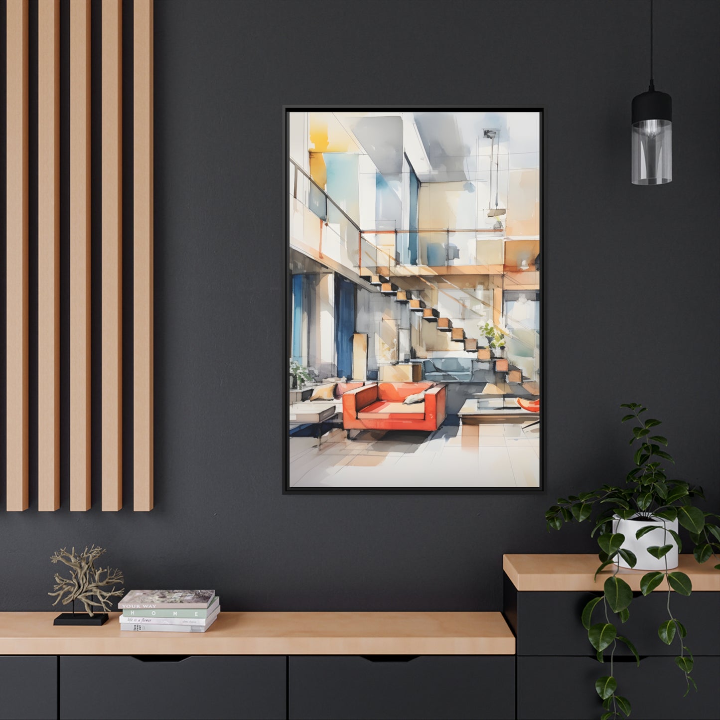Framed Canvas Artwork Water Color Style Home Decor Red Loounge Lifestyle Floating Frame Canvas