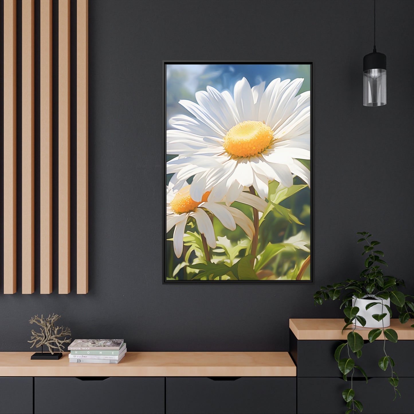 Framed Canvas Nature Inspired Artwork Stunning Sunlit Daisy Blooming Oil Painting Style
