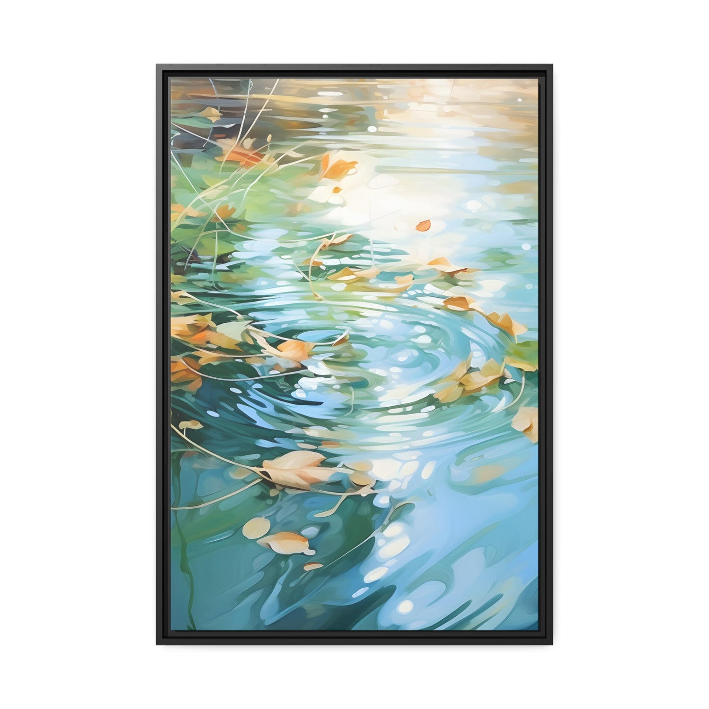 Green Reflective Pond Brown Leafy Windy Weather Framed Canvas Floating Canvas Abstract Art