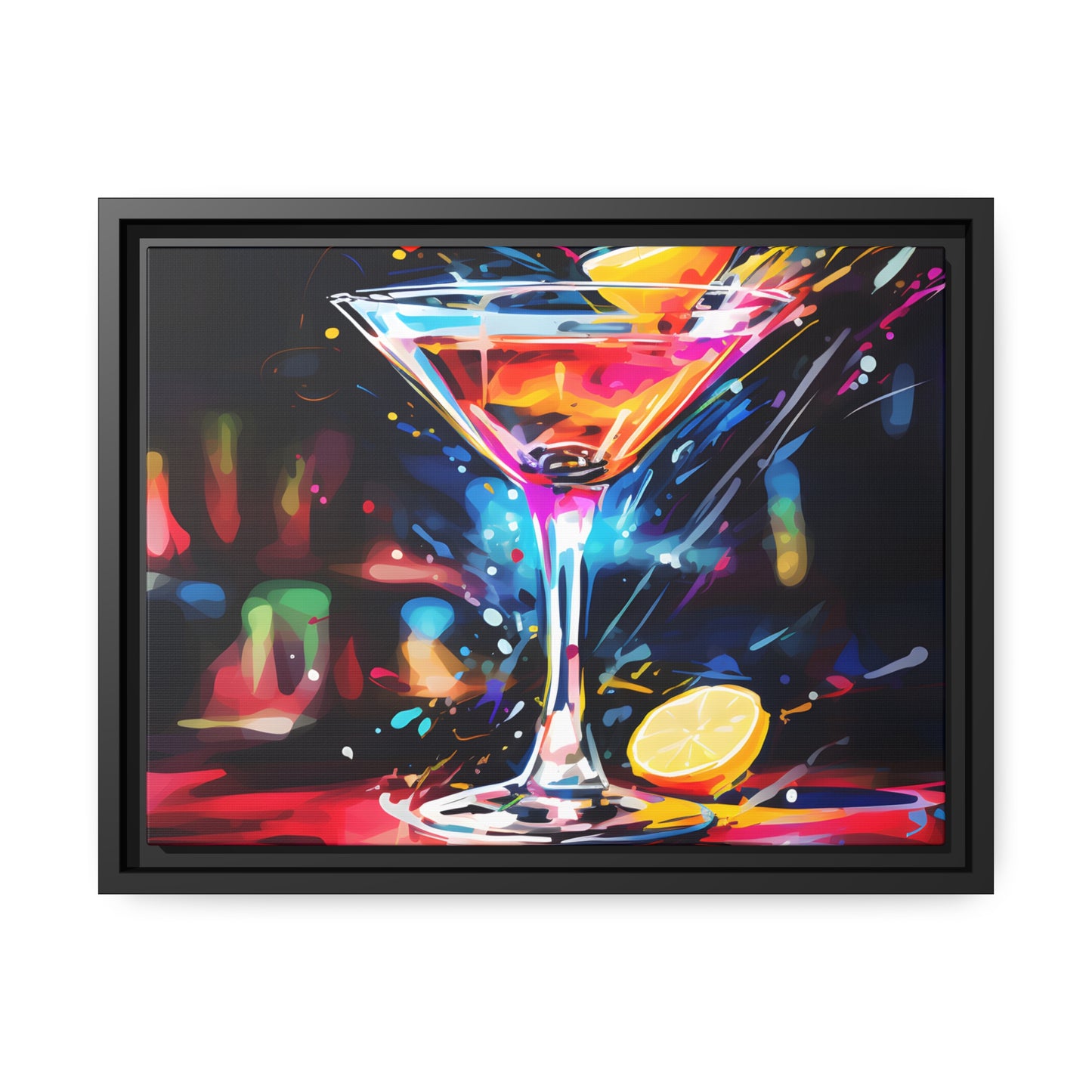 Framed Canvas artwork Bar/Night Life Art Bright Neon Splashes Surrounding A Martini Glass Full Of Alcohol Framed Canvas Painting Alcohol Art Iced Drink Close Up