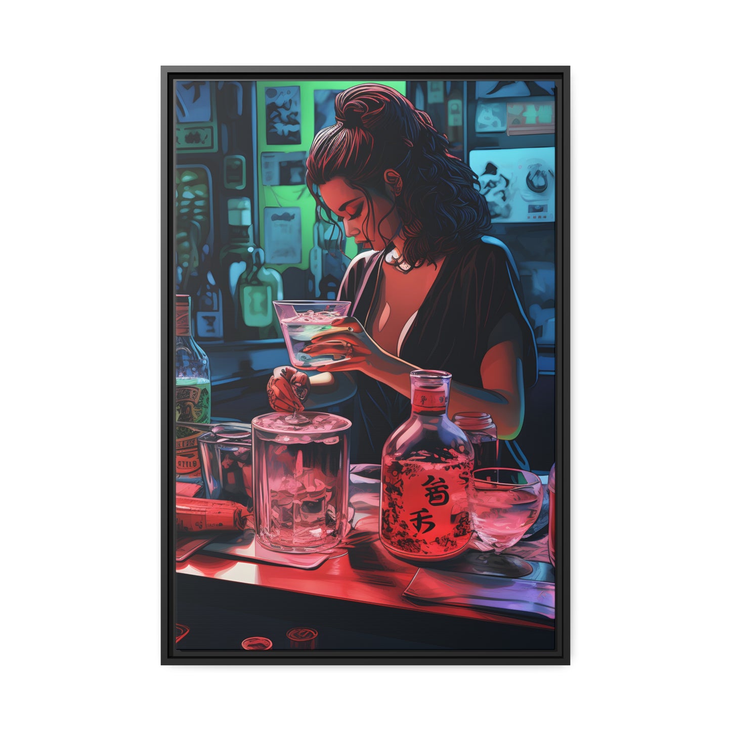 Framed Canvas artwork Japanese Manga Style Bar/Night Life Art Attractive Young Bartender Mixing Drinks In A Busy Neon Lit Bar Framed Canvas Painting Alcohol Art