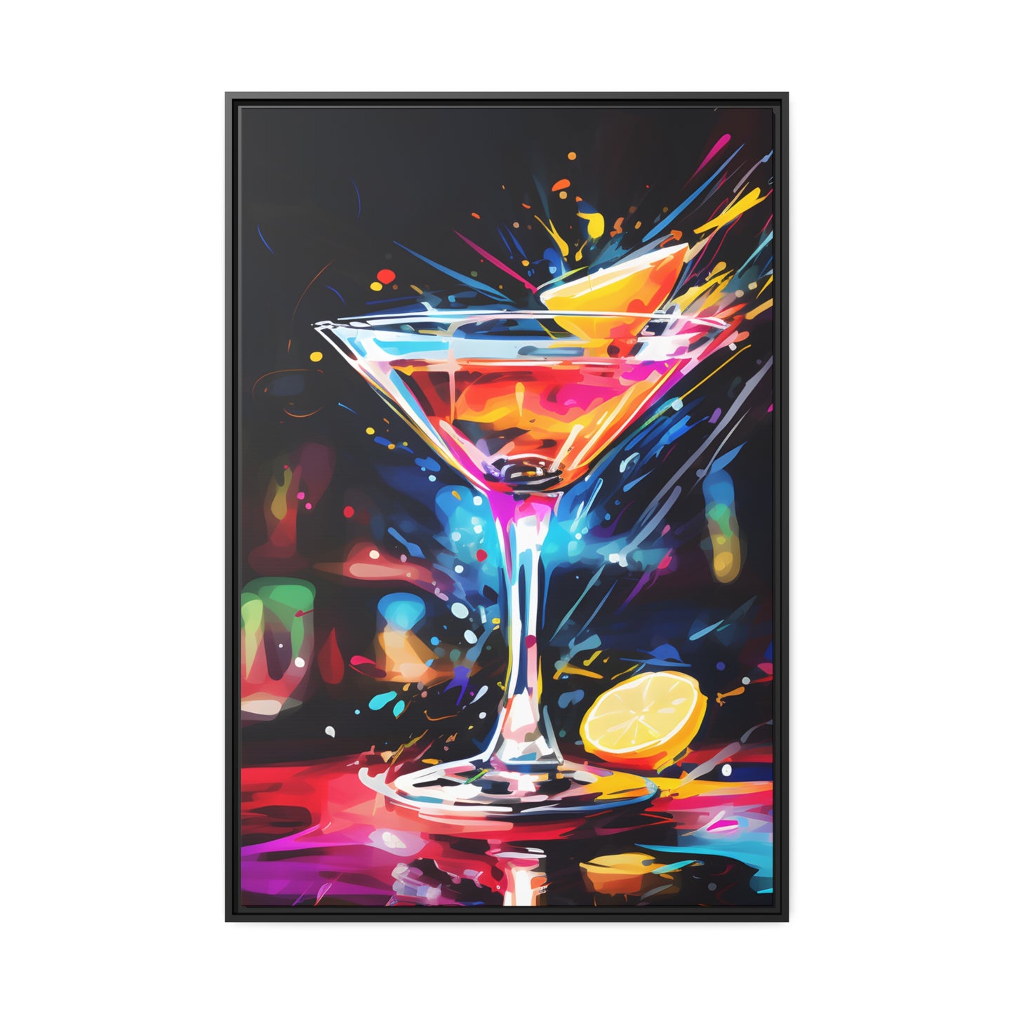 Framed Canvas artwork Bar/Night Life Art Bright Neon Splashes Surrounding A Martini Glass Full Of Alcohol Framed Canvas Painting Alcohol Art Iced Drink Close Up