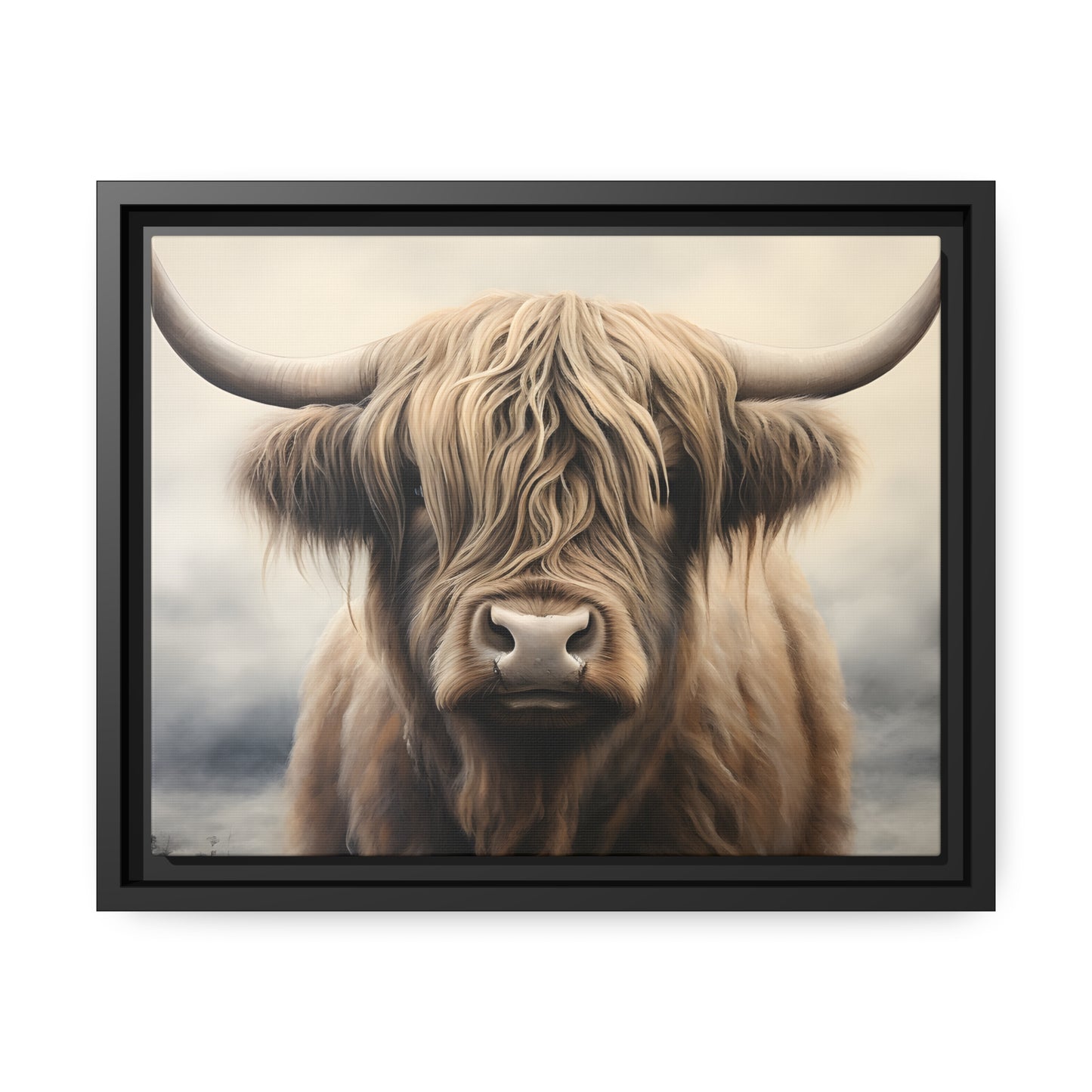 Framed Canvas Artwork Strong Stunning Highlander Bull Sunlit Staring Into The Viewer Captivating Painting Style
