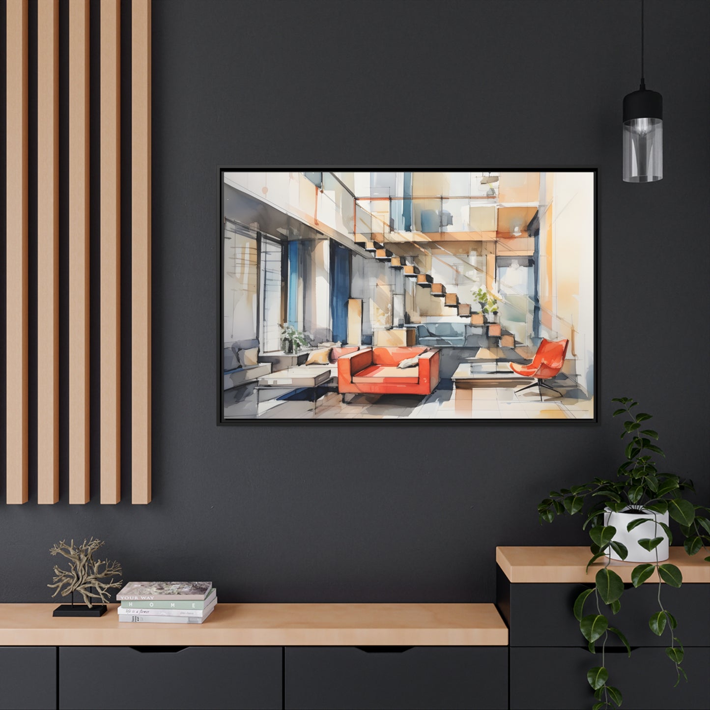 Framed Canvas Artwork Water Color Style Home Decor Red Loounge Lifestyle Floating Frame Canvas