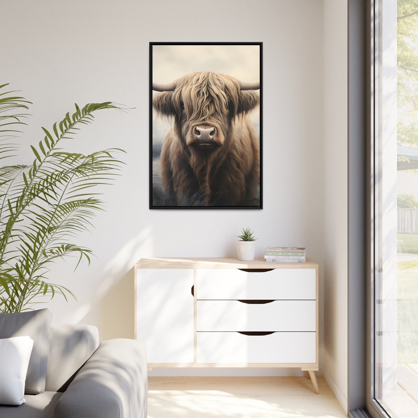 Framed Canvas Artwork Strong Stunning Highlander Bull Sunlit Staring Into The Viewer Captivating Painting Style