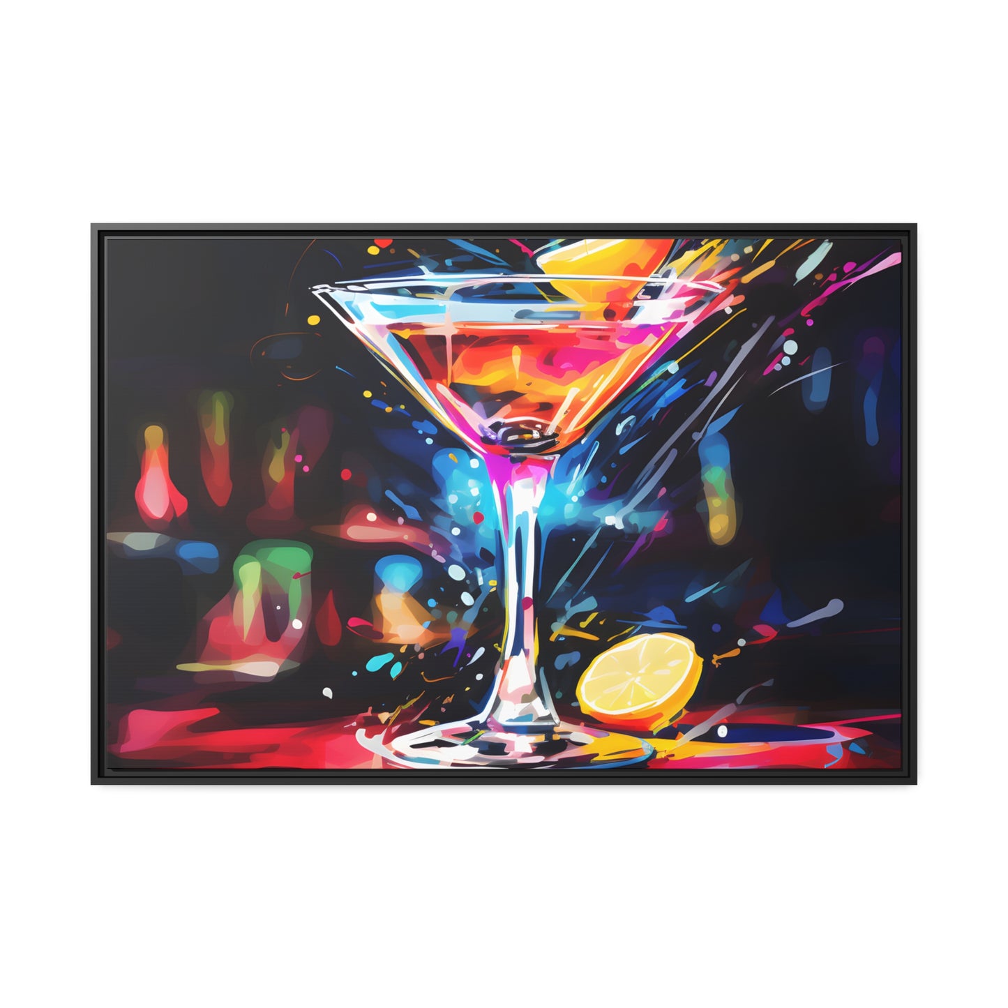 Framed Canvas artwork Bar/Night Life Art Bright Neon Splashes Surrounding A Martini Glass Full Of Alcohol Framed Canvas Painting Alcohol Art Iced Drink Close Up