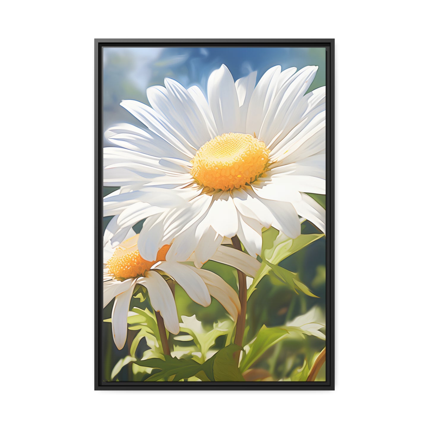 Framed Canvas Nature Inspired Artwork Stunning Sunlit Daisy Blooming Oil Painting Style
