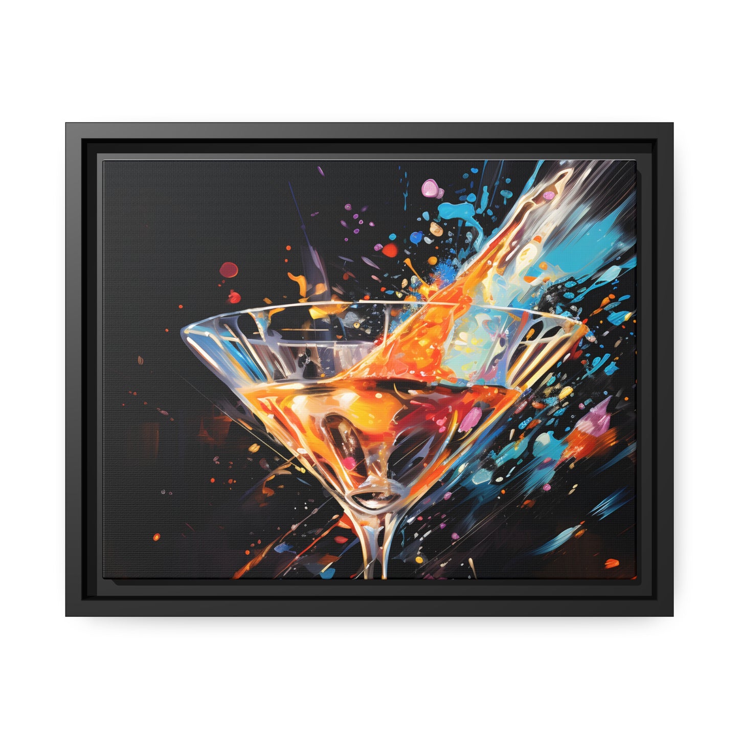 Framed Canvas artwork Bar/Night Life Art Bright Vibrant Neon Splashes Surrounding A Martini Glass Full Of Alcohol On Black Background Framed Canvas Painting Alcohol Art Close Up