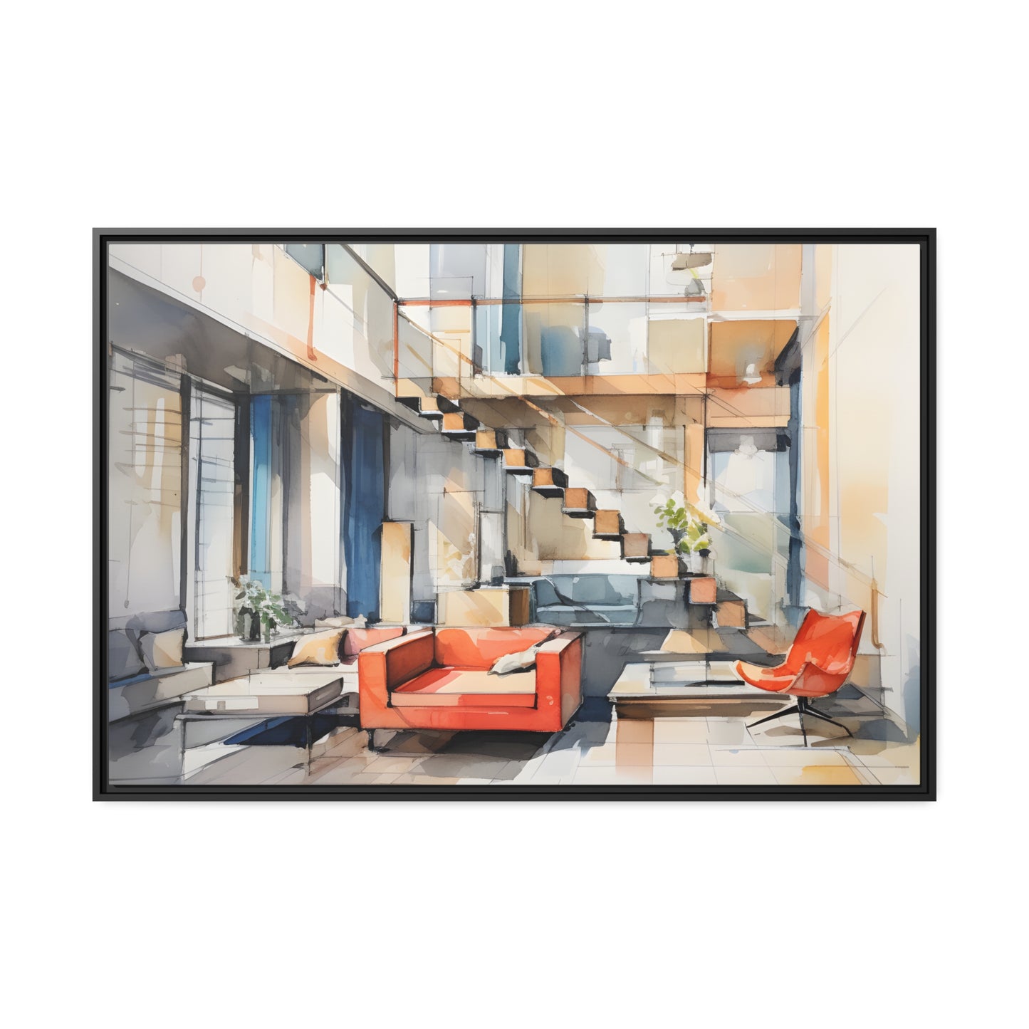 Framed Canvas Artwork Water Color Style Home Decor Red Loounge Lifestyle Floating Frame Canvas