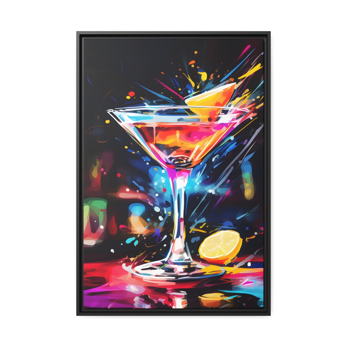 Framed Canvas artwork Bar/Night Life Art Bright Neon Splashes Surrounding A Martini Glass Full Of Alcohol Framed Canvas Painting Alcohol Art Iced Drink Close Up