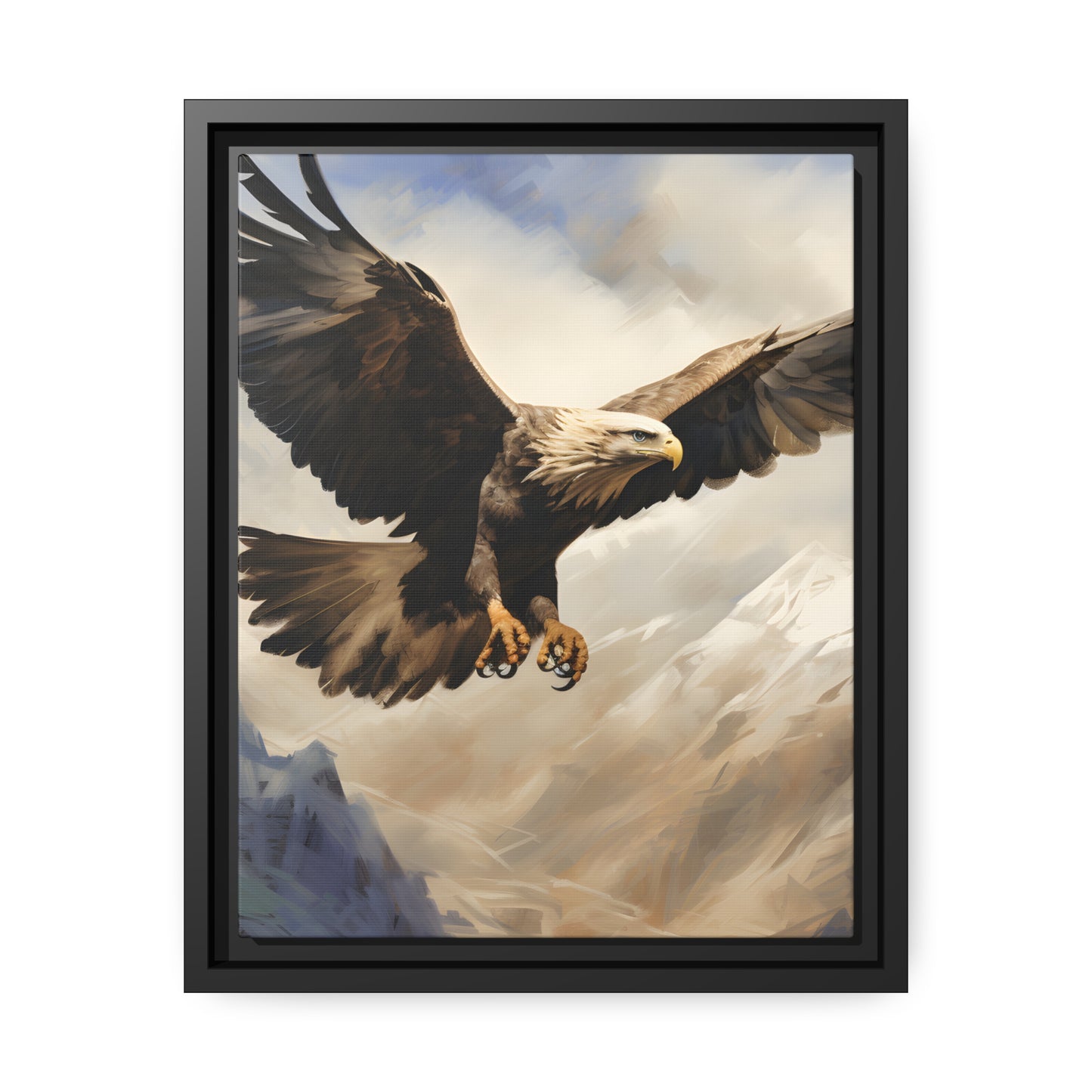 Framed Canvas Artwork Strong Soaring Bald Eagle Snowy Mountains Detailed Painting