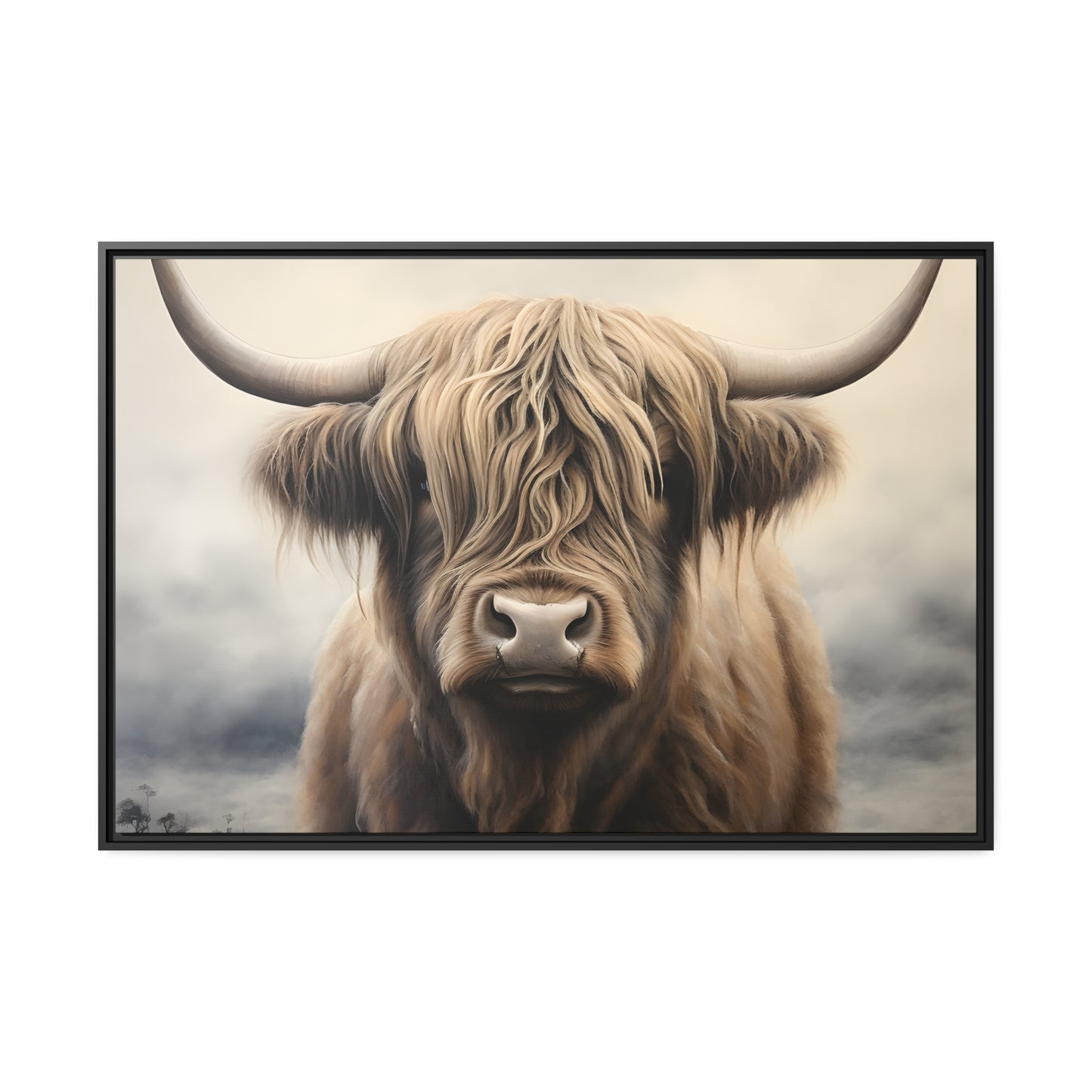 Framed Canvas Artwork Strong Stunning Highlander Bull Sunlit Staring Into The Viewer Captivating Painting Style