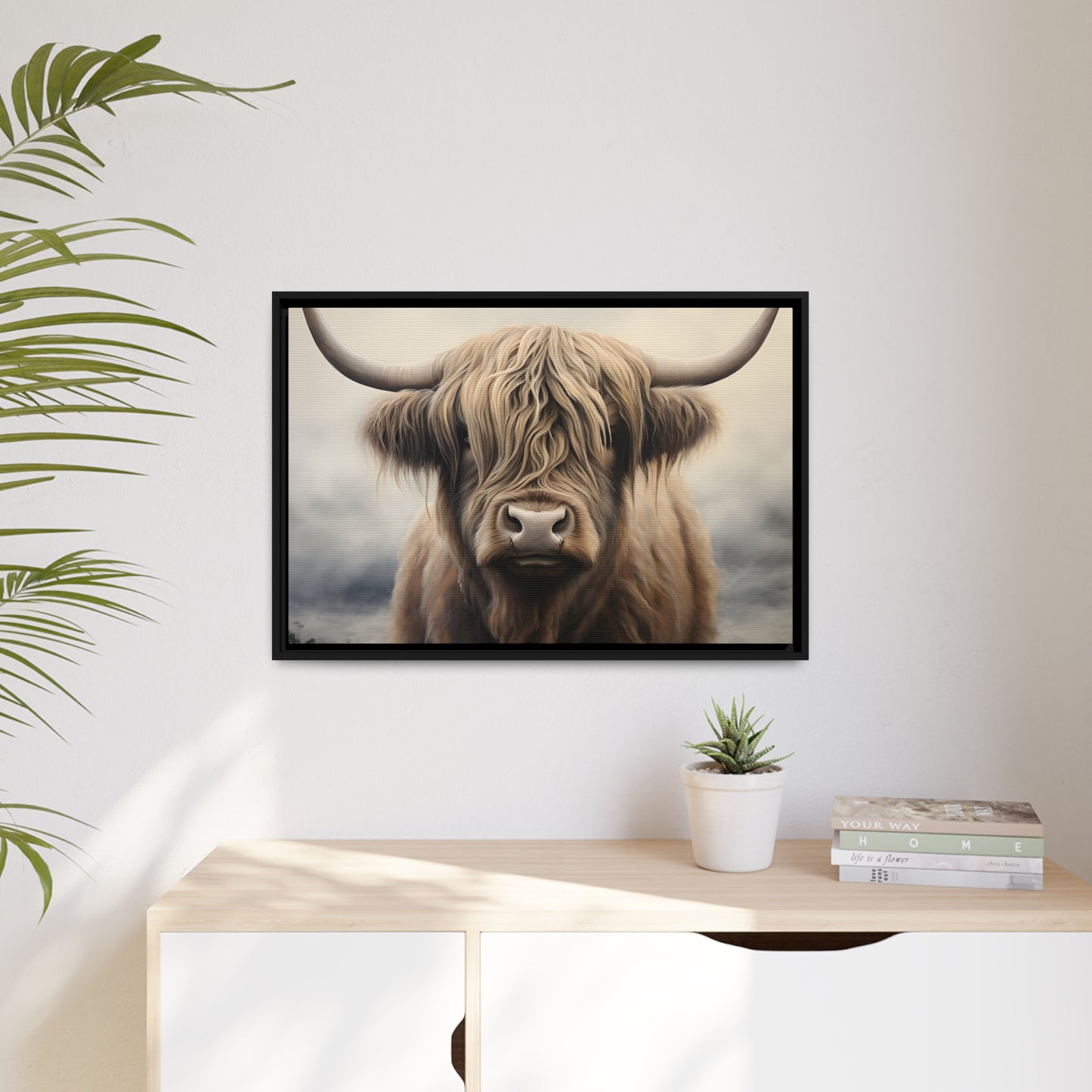 Framed Canvas Artwork Strong Stunning Highlander Bull Sunlit Staring Into The Viewer Captivating Painting Style