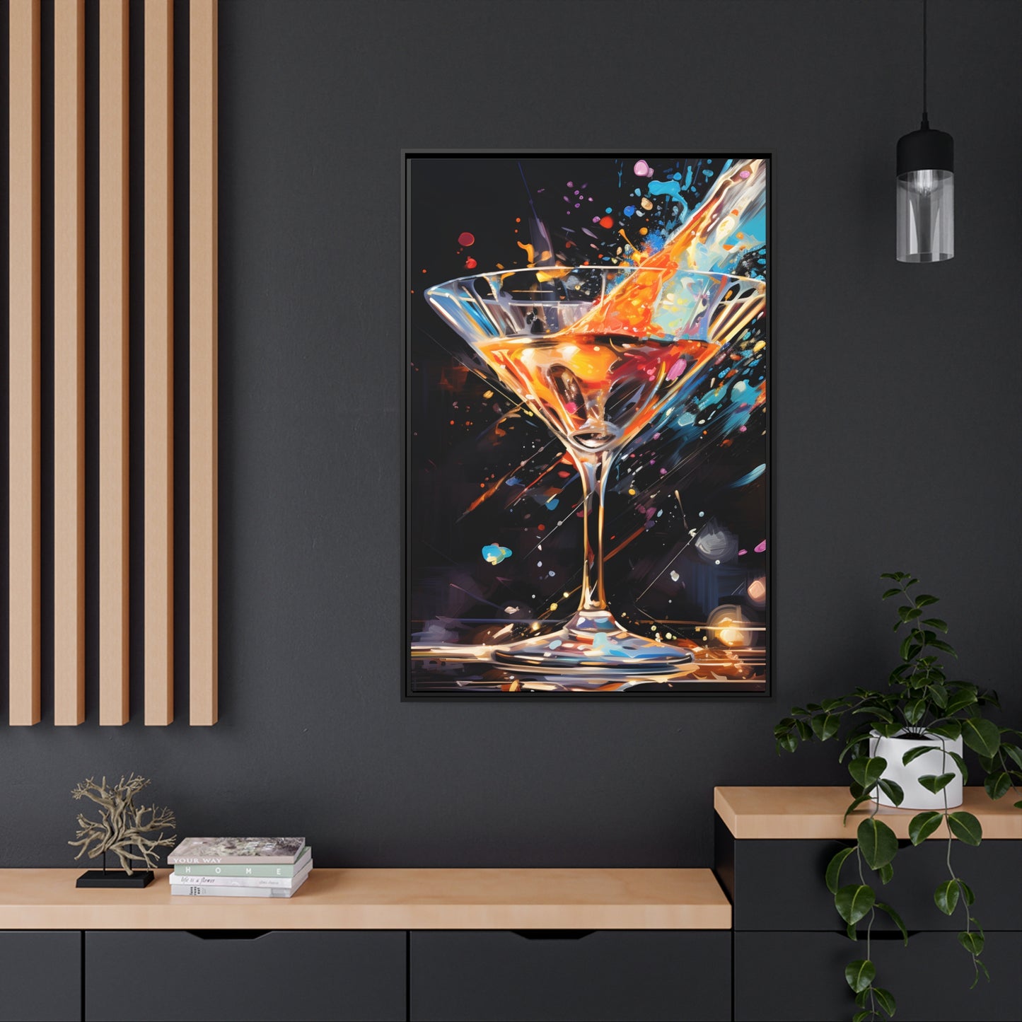 Framed Canvas artwork Bar/Night Life Art Bright Vibrant Neon Splashes Surrounding A Martini Glass Full Of Alcohol On Black Background Framed Canvas Painting Alcohol Art Close Up