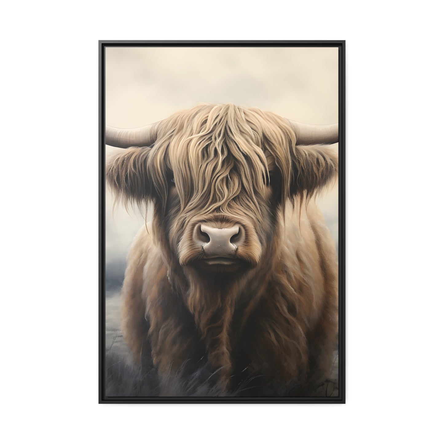 Framed Canvas Artwork Strong Stunning Highlander Bull Sunlit Staring Into The Viewer Captivating Painting Style