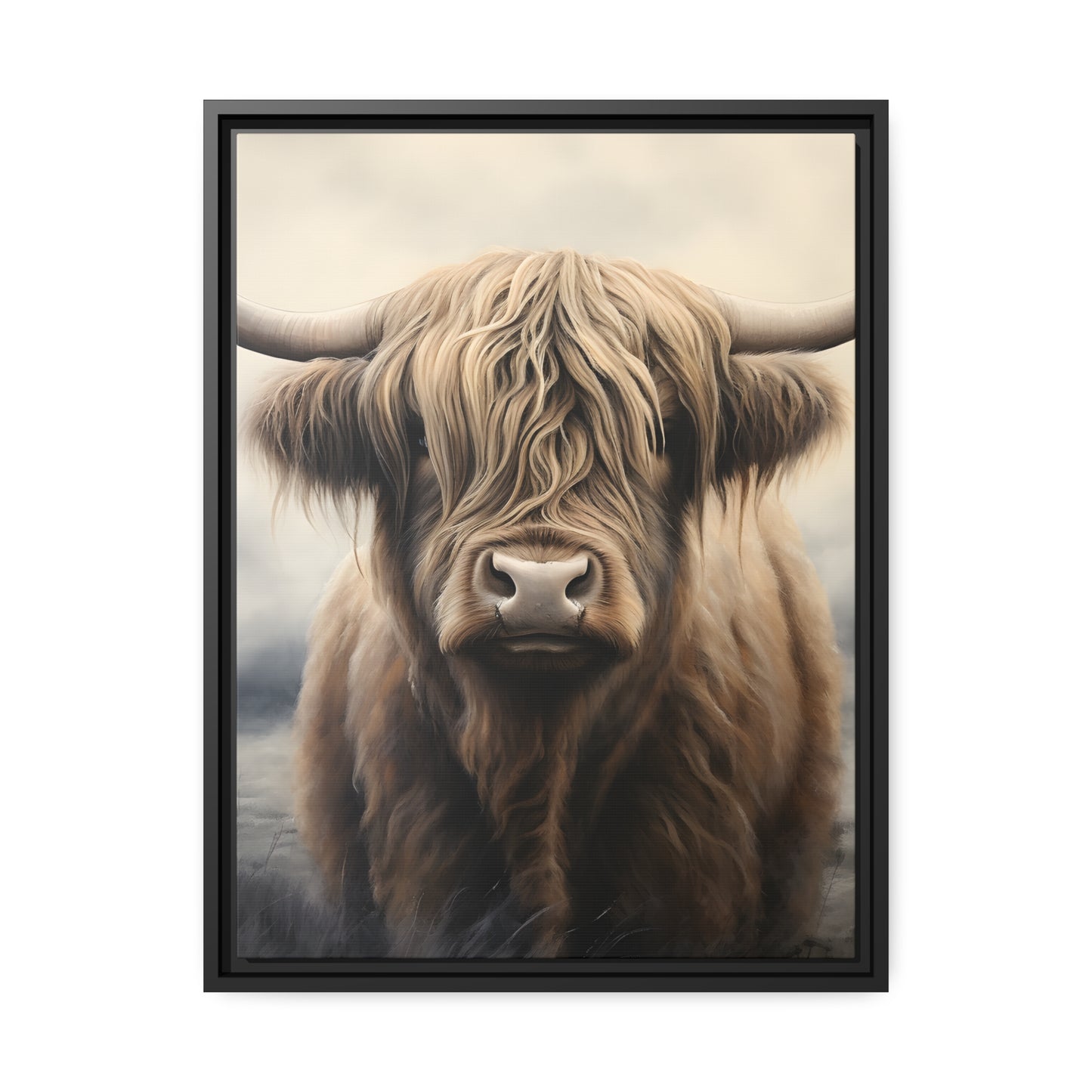 Framed Canvas Artwork Strong Stunning Highlander Bull Sunlit Staring Into The Viewer Captivating Painting Style