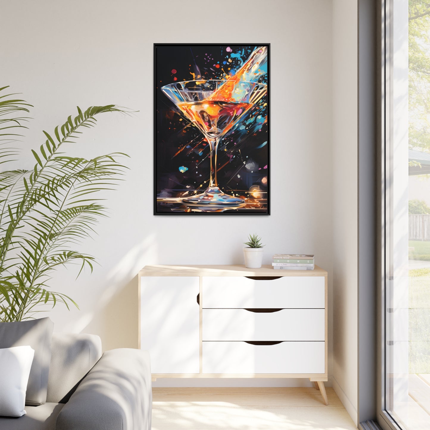 Framed Canvas artwork Bar/Night Life Art Bright Vibrant Neon Splashes Surrounding A Martini Glass Full Of Alcohol On Black Background Framed Canvas Painting Alcohol Art Close Up